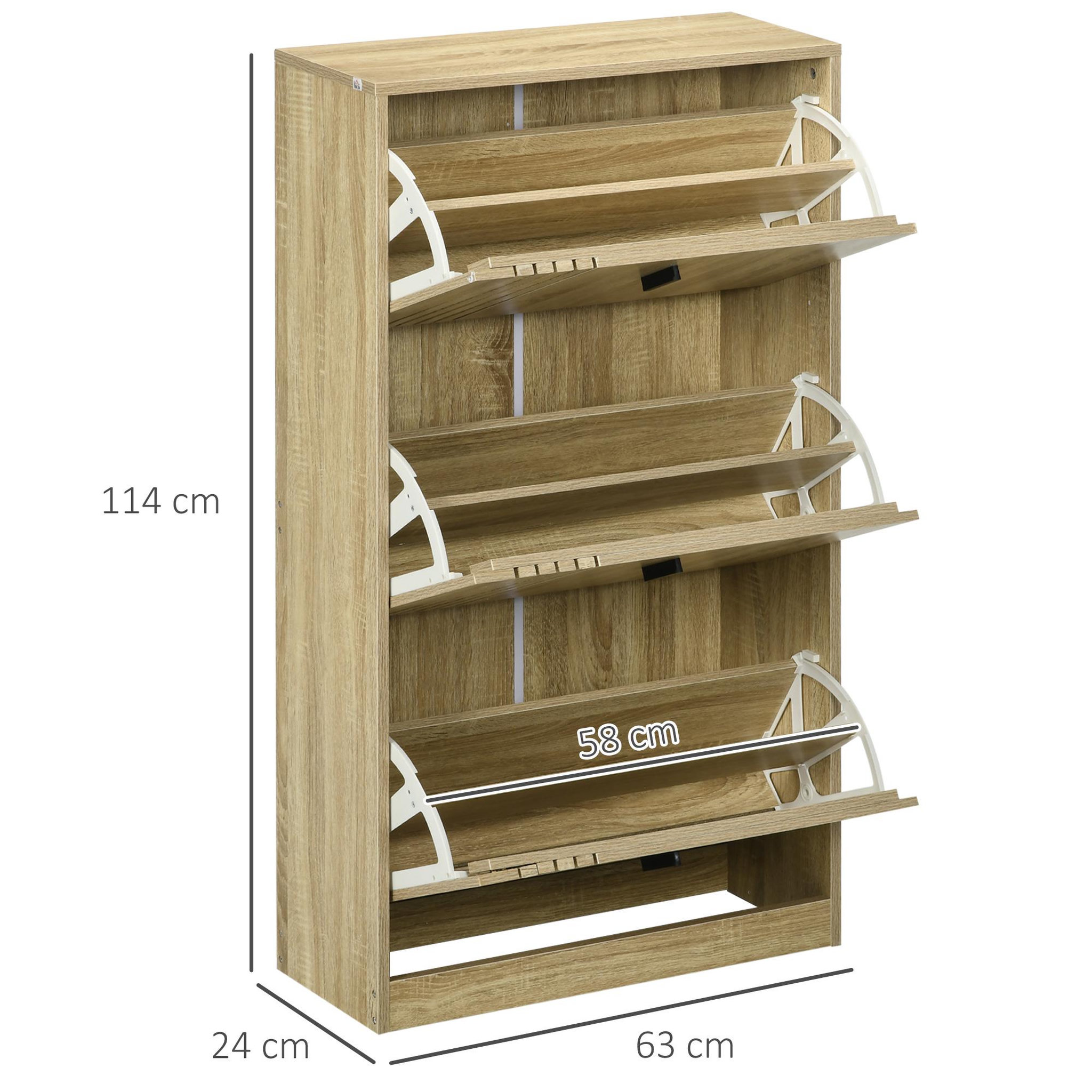 Voir la diapositive 3 : HOMCOM Meuble à chaussures design Urban Craft 3 portes abattantes 3 étagères poignées métal noir aspect chêne clair