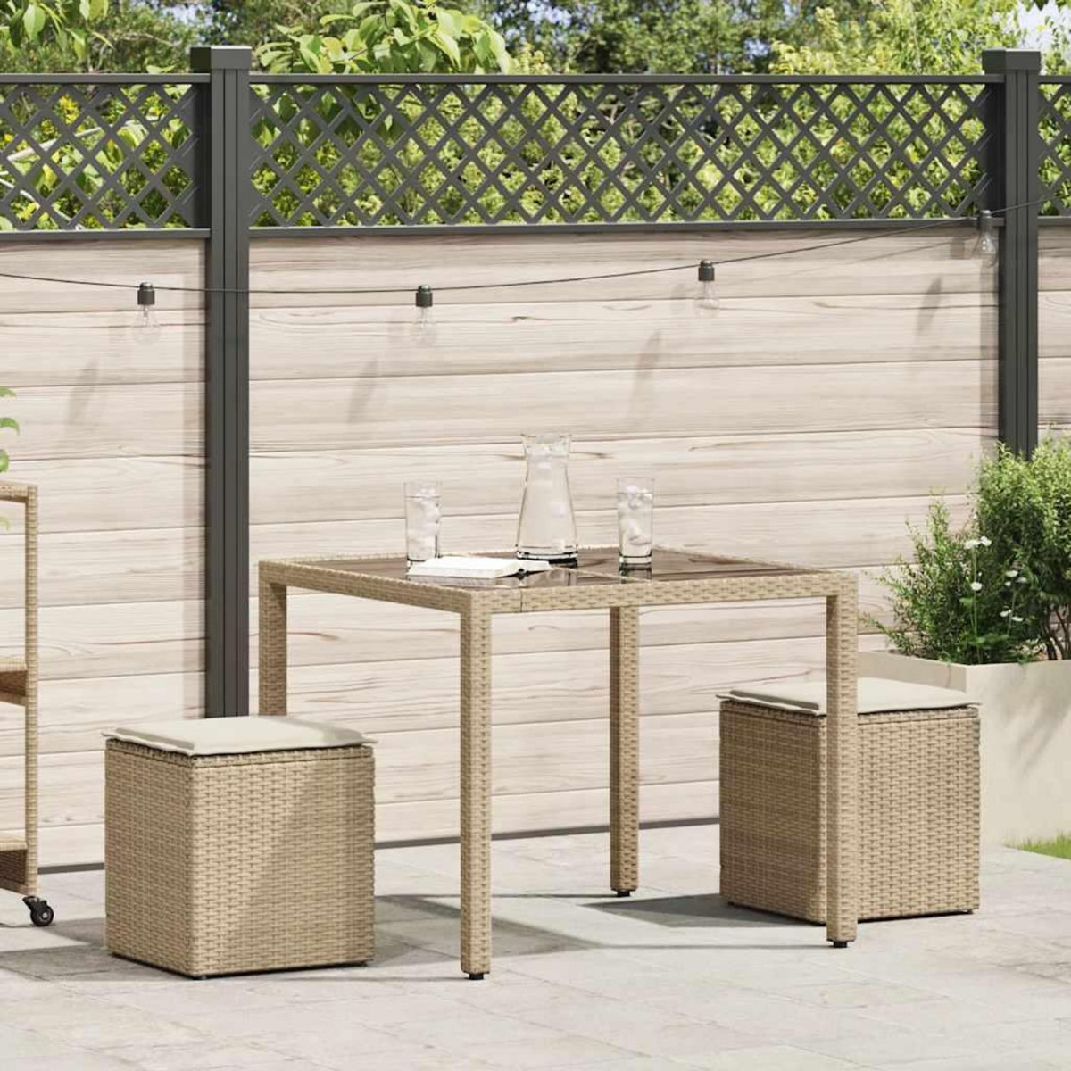 VIDAXL Tabourets de jardin avec coussins lot de 2 beige resine tressee