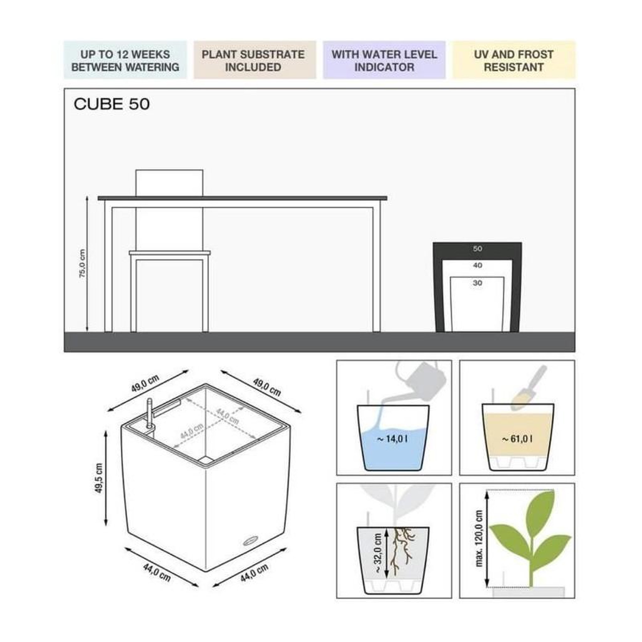 Voir la diapositive 2 : LECHUZA Cube Premium 50 - Kit Complet, blanc brillant 50 cm