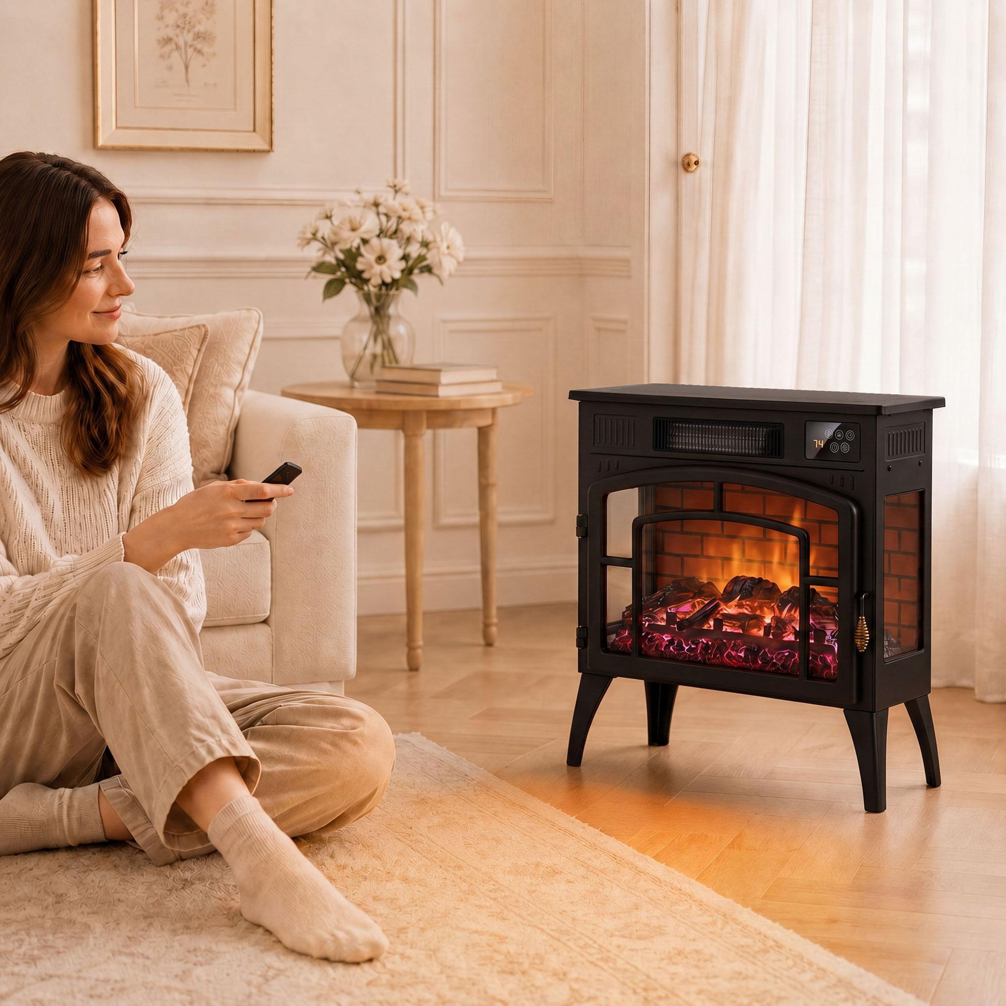 Voir la diapositive 4 : HOMCOM Cheminée électrique design poêle à bois 1000W/2000W foyer vitré face et côtés