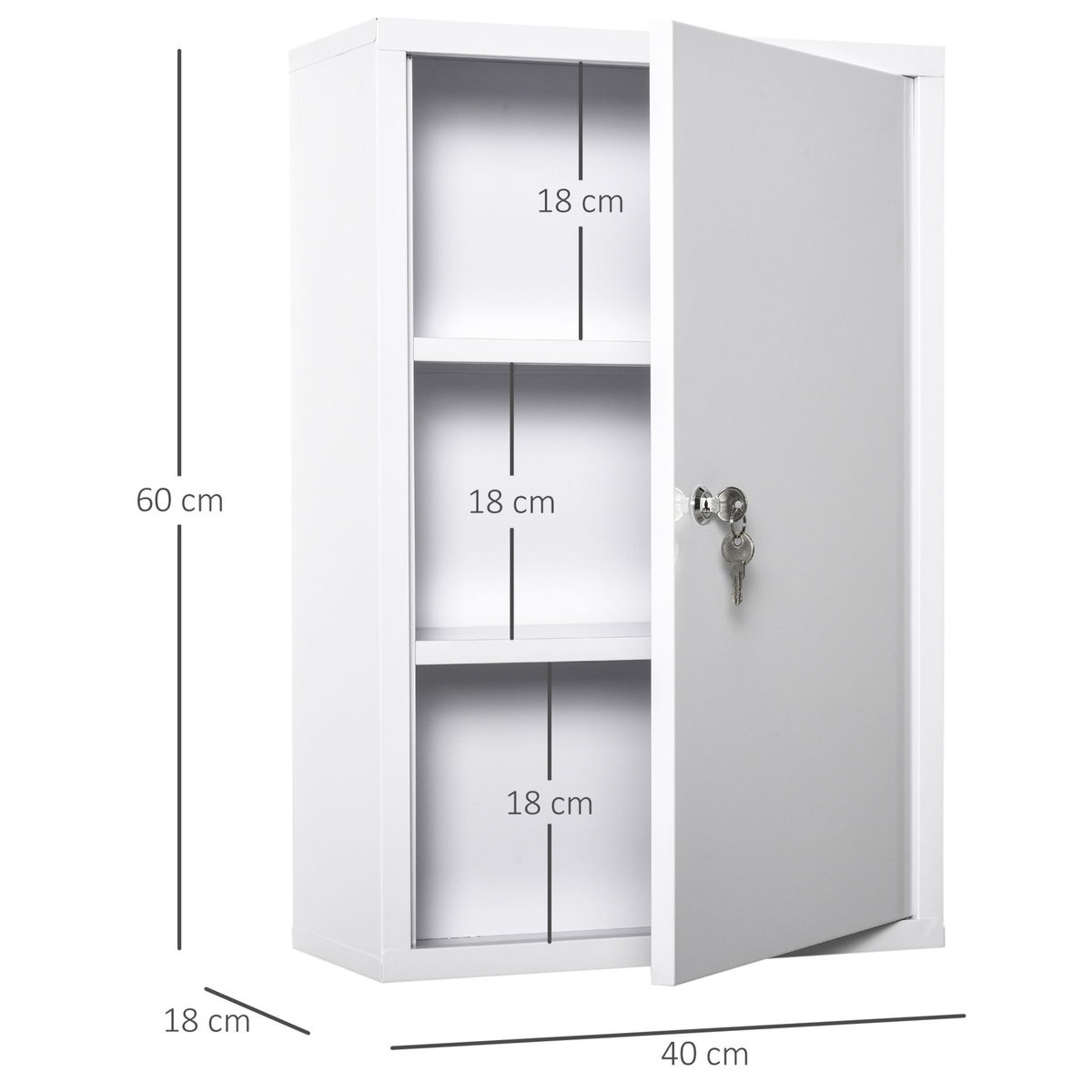 KLEANKIN Armoire à pharmacie 2 étagères 3 niveaux verrouillable dim. 40L x 18l x 60H cm 2 clés métal blanc