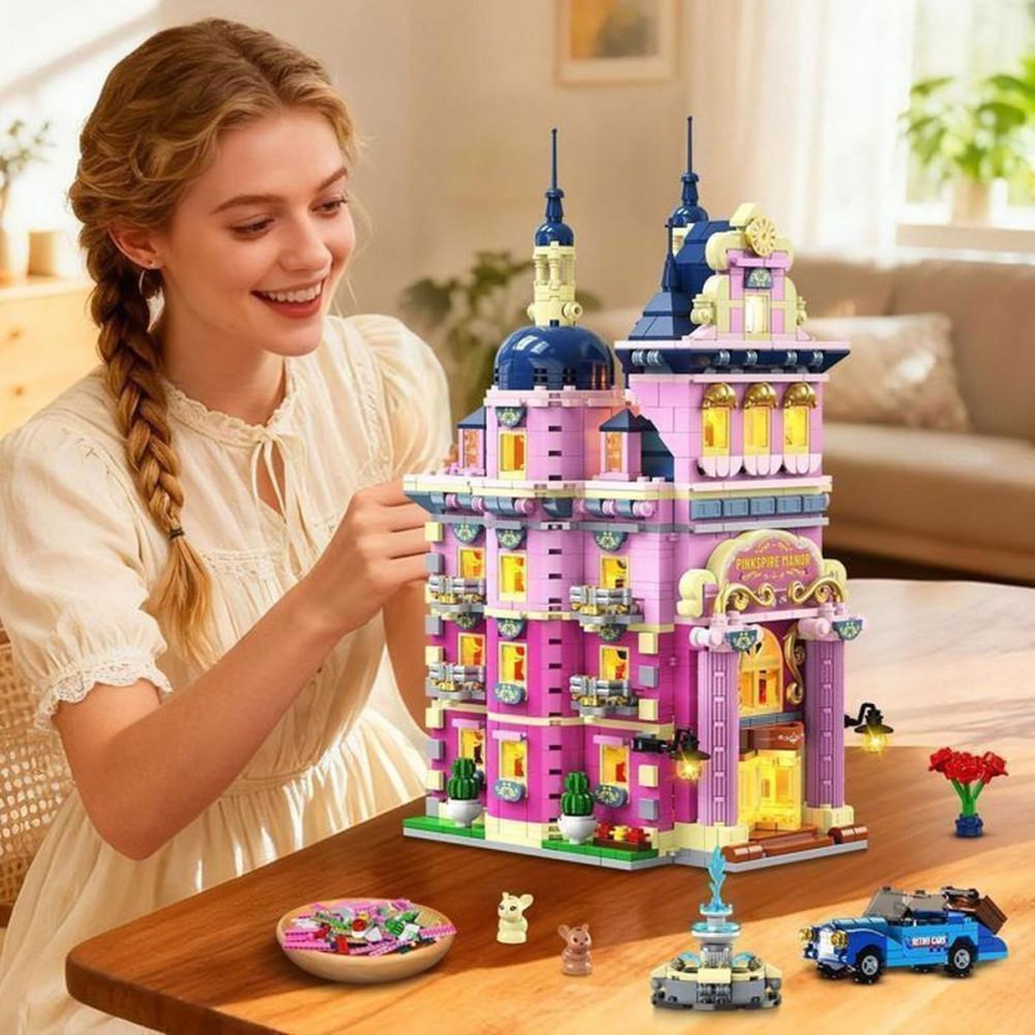 Voir la diapositive 5 : Kit maison de construction à LED Pinkspire Manor rose, 1815 pièces avec voiture et fontaine