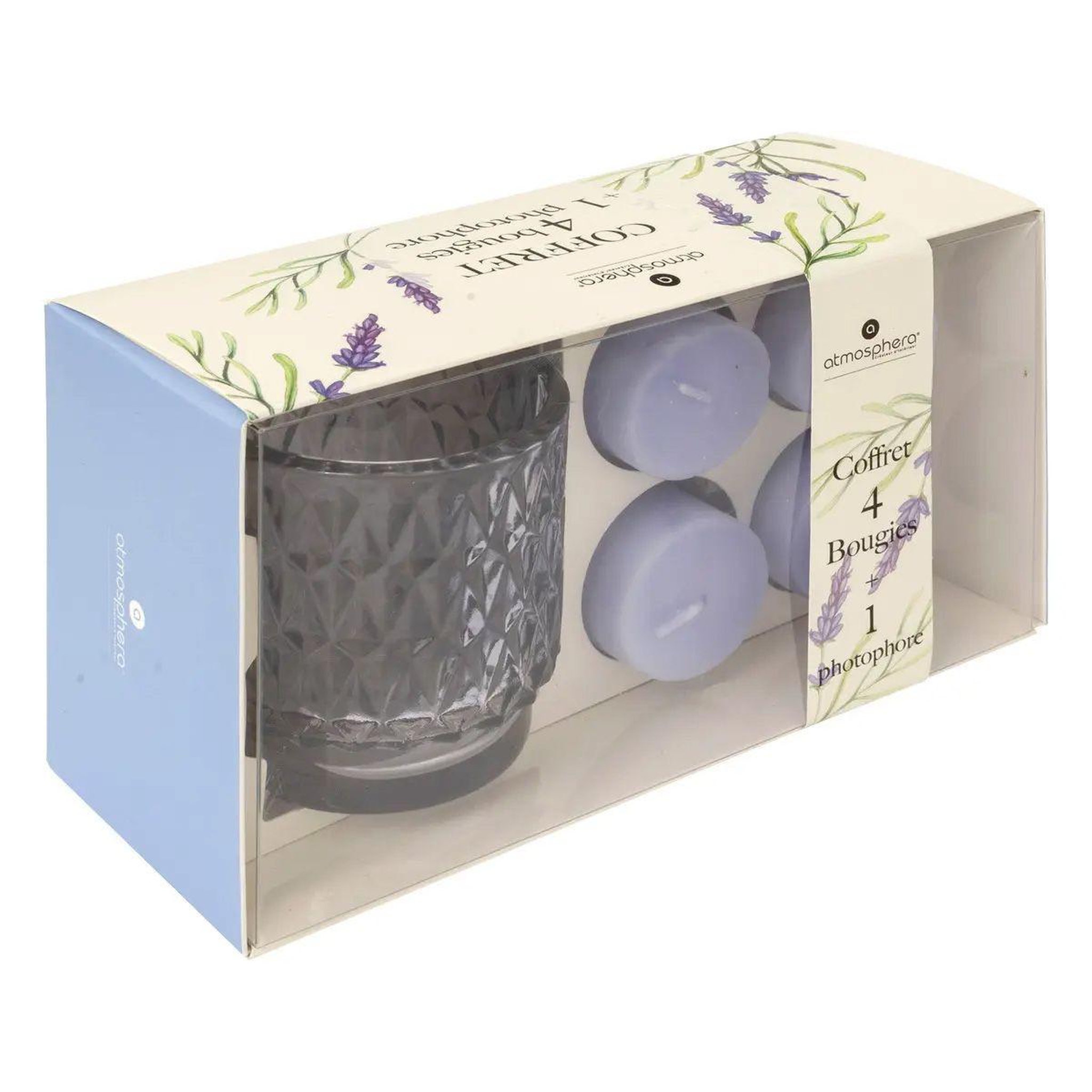 Voir la diapositive 4 : ATMOSPHERA Coffret photophore & 4 bougies  oudy  8cm violet