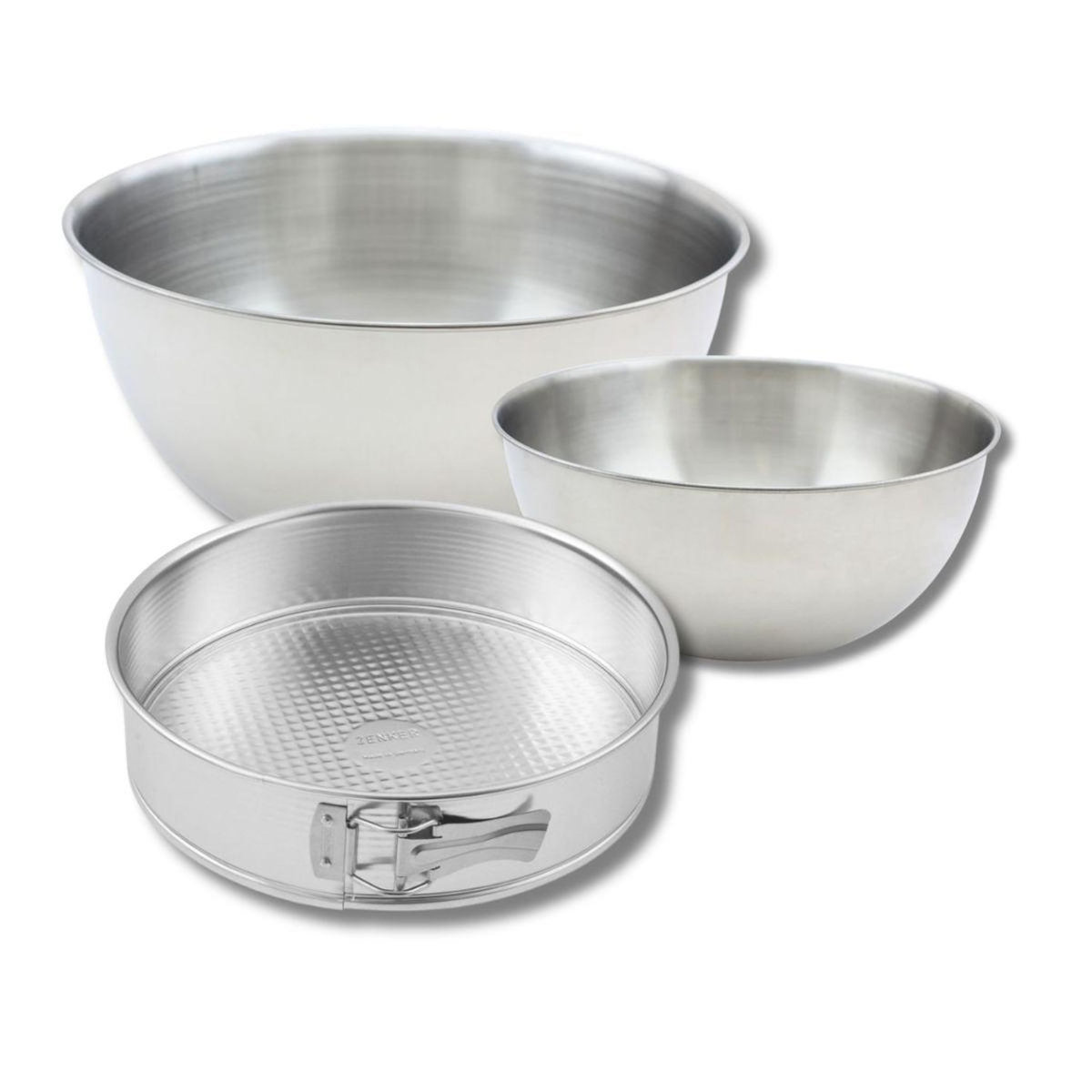 ZENKER Lot comprenant 1 Moule à manqué charnière, 1 spatule Zenker et 2 bols à mixer en inox Fackelmann