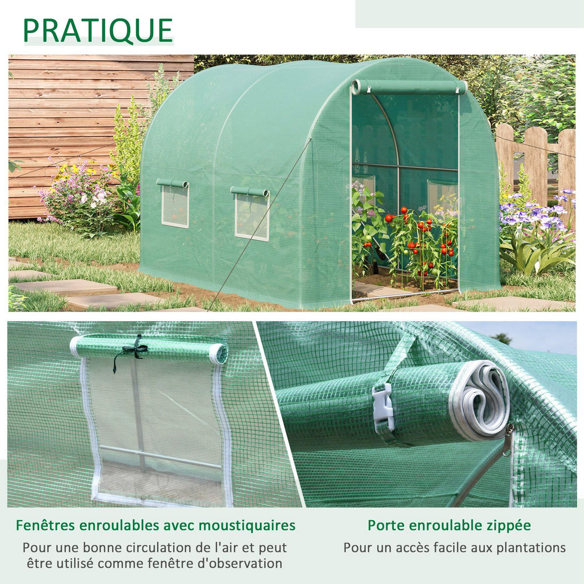 OUTSUNNY Serre de jardin tunnel 6 m² 3L x 2l x 1,9H m acier galvanisé renforcé diamètre 2,4 cm + PE haute densité fenêtres porte vert