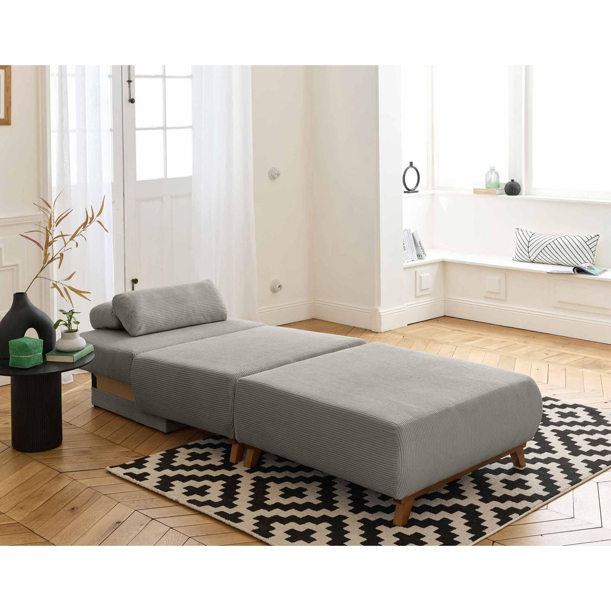 BEST MOBILIER Cristal - fauteuil - convertible avec coffre et grand pouf - en velours côtelé