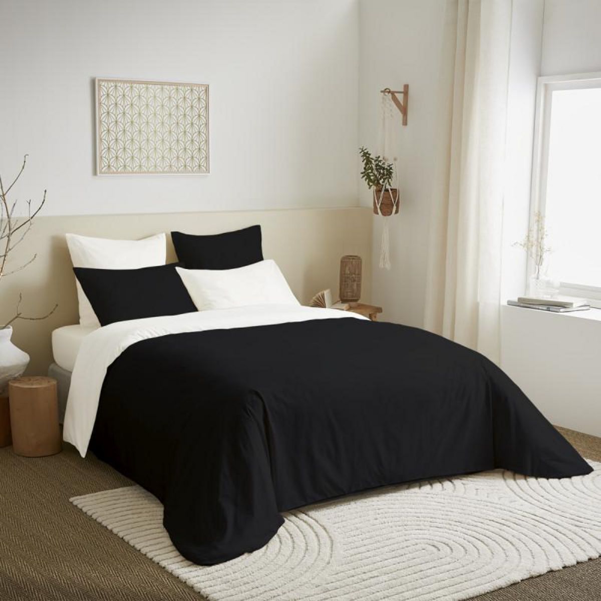 COTON PUR Pack complet 6 pièces Noir/Blanc réversible housse de couette pour lit 180 x 200 cm  King size