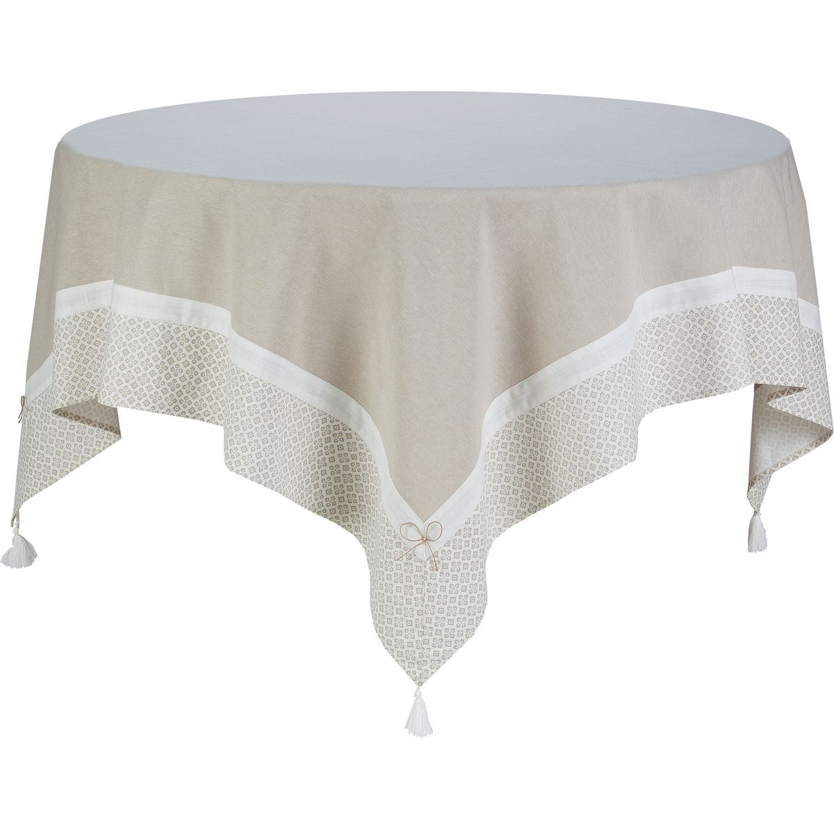 Nappe carrée 150x150 cm en coton beige imprimée finitions pompons et noeuds GLORIA