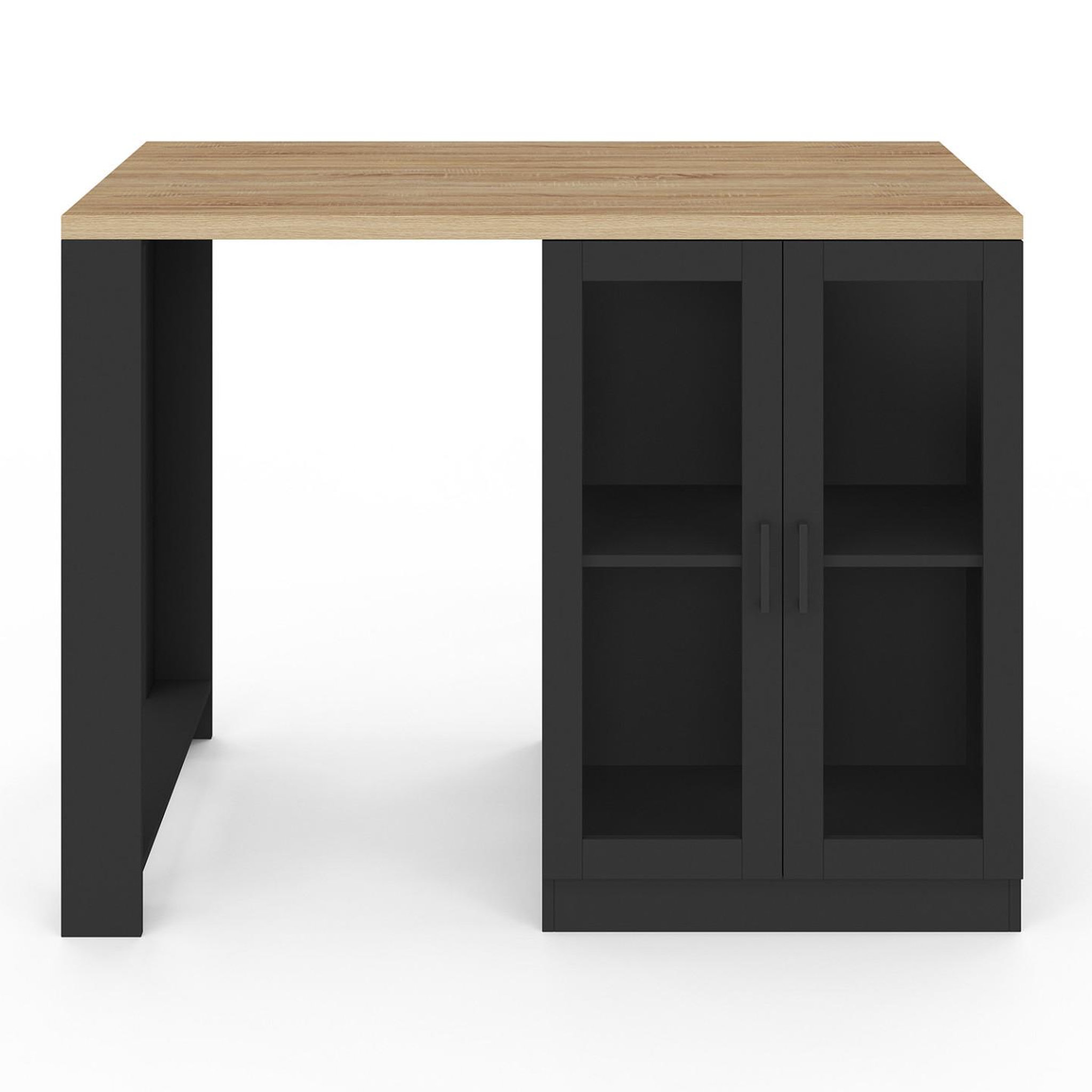 Voir la diapositive 3 : ID MARKET Ilot central lino 120 cm 2 personnes bois noir avec plan de travail façon hêtre et portes vitrées