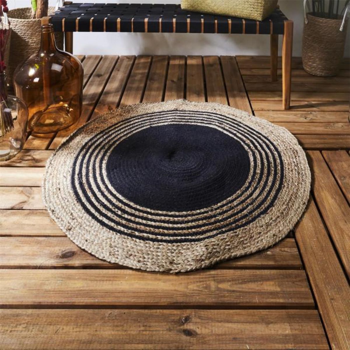 Paris Prix Tapis Rond Déco en Jute  Limo  90cm Noir