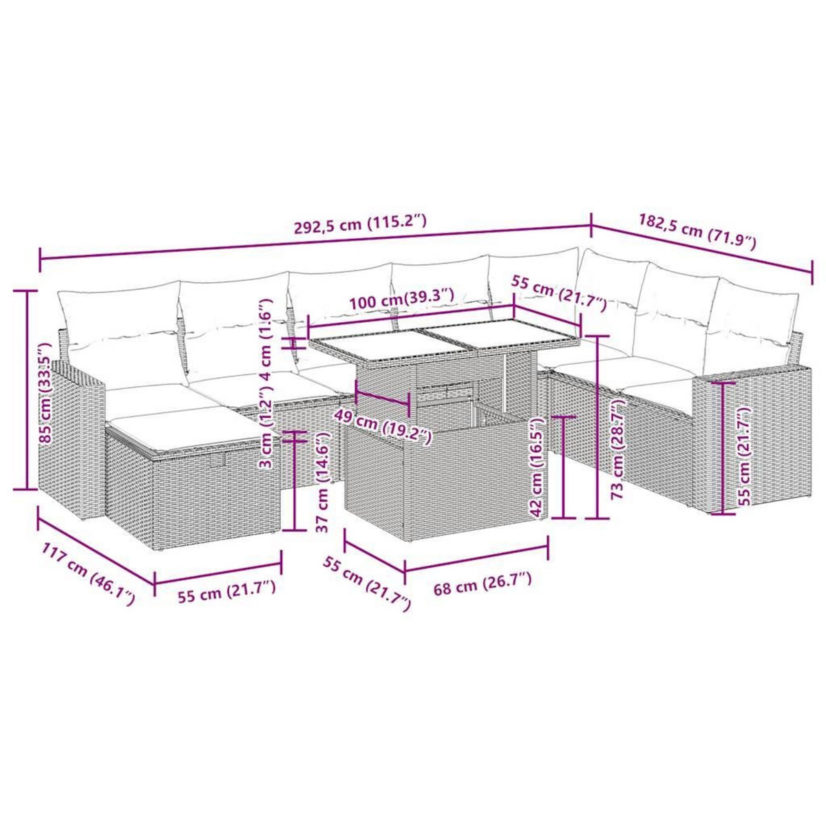 VIDAXL Salon de jardin avec coussins 9 pcs beige resine tressee