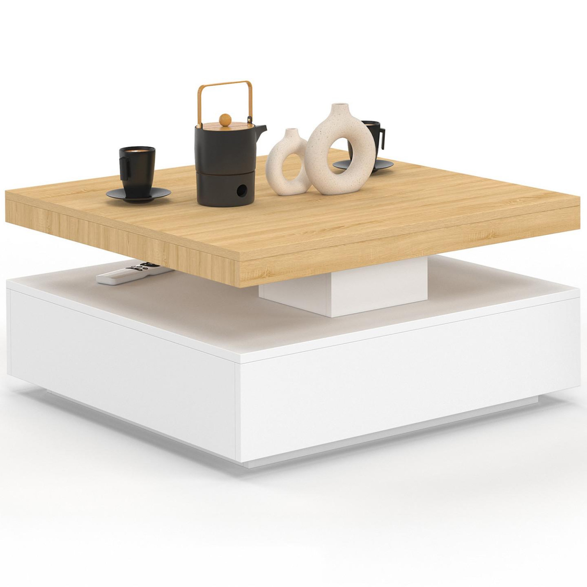 ID MARKET Table basse carrée pivotante thea 70 cm bois et blanc
