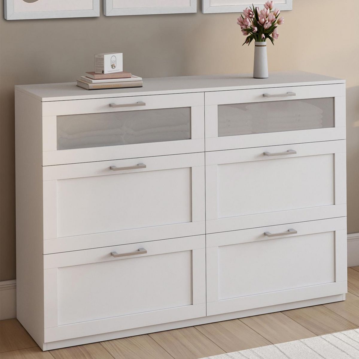 ID MARKET Commode 6 tiroirs VITO 110 cm bois blanc et effet givré
