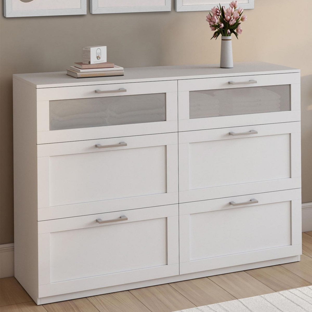 ID MARKET Commode 6 tiroirs VITO 110 cm bois blanc et effet givré