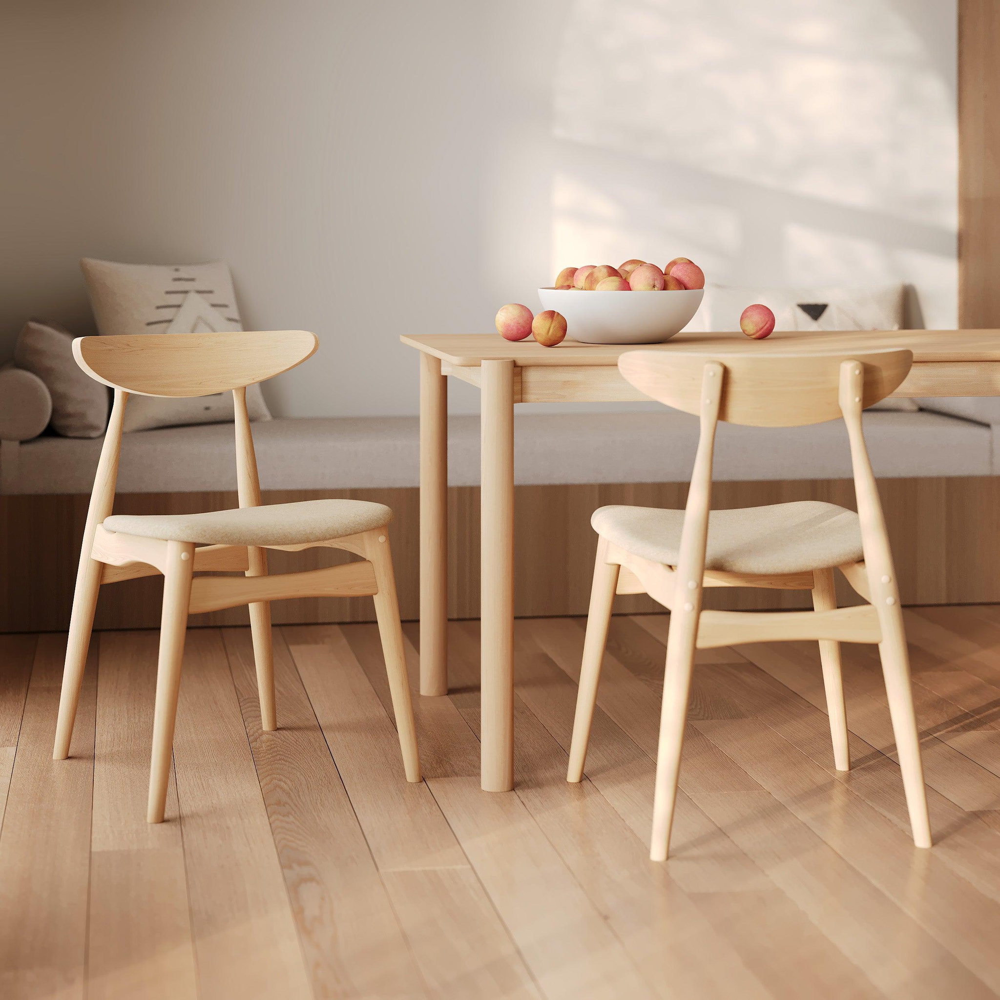Voir la diapositive 2 : MAISON PAVANE Lot de 2 chaises en tissu beige et bois d'hévéa-josette