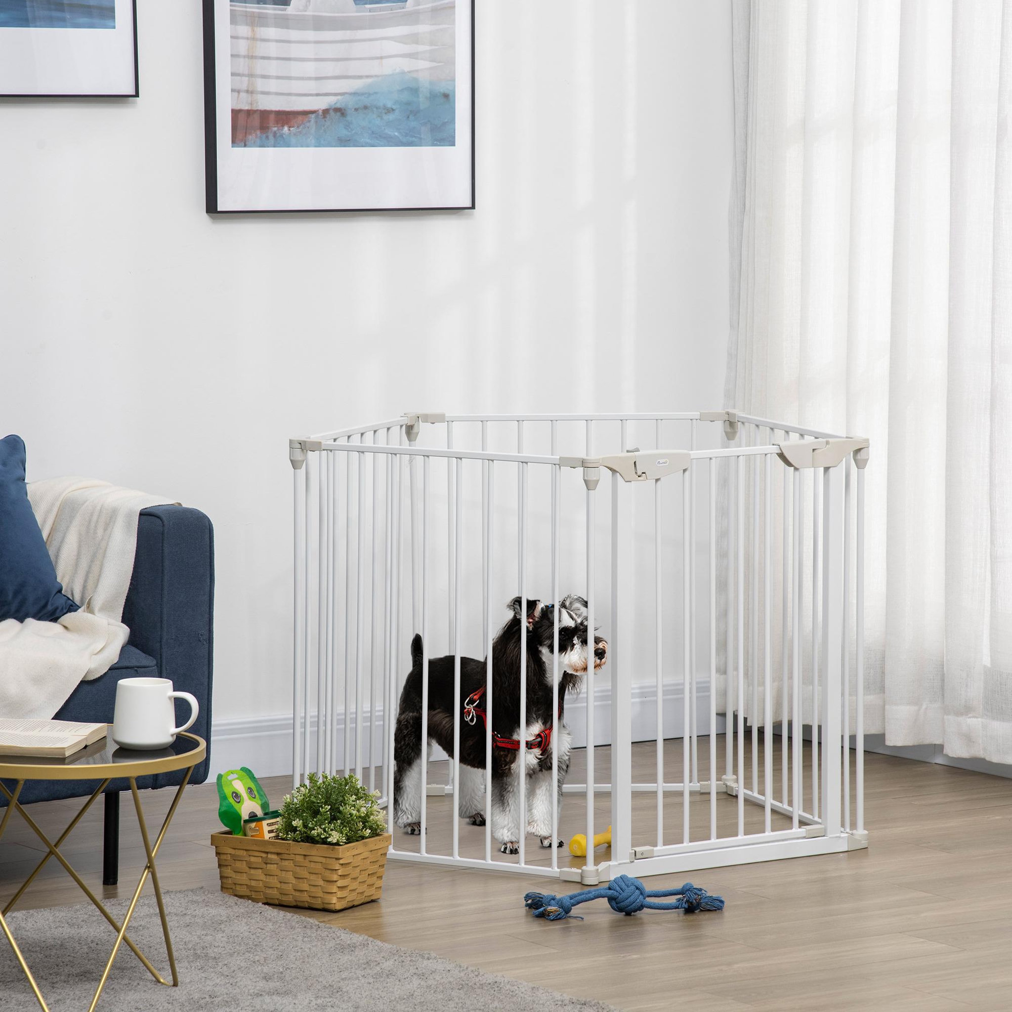 Voir la diapositive 2 : PAWHUT Barrière de sécurité parc enclos chien modulable pliable porte verrouillable intégrée 5 panneaux en métal 300l max. X 74,5h cm métal pp blanc