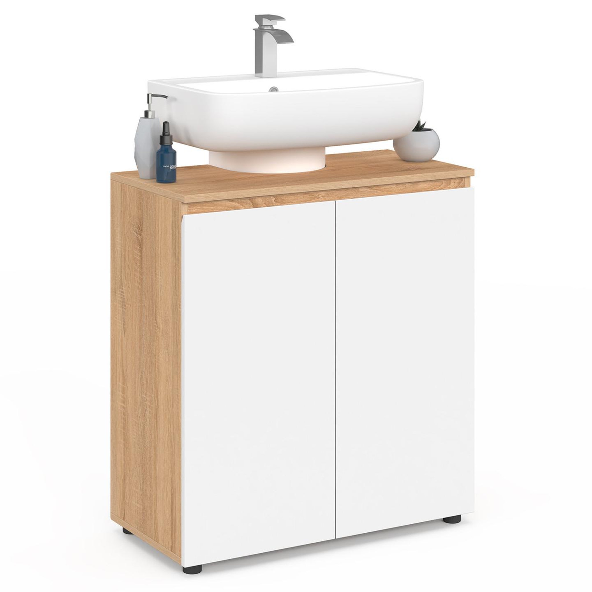ID MARKET Meuble sous lavabo salle de bain tomi façon hêtre et blanc