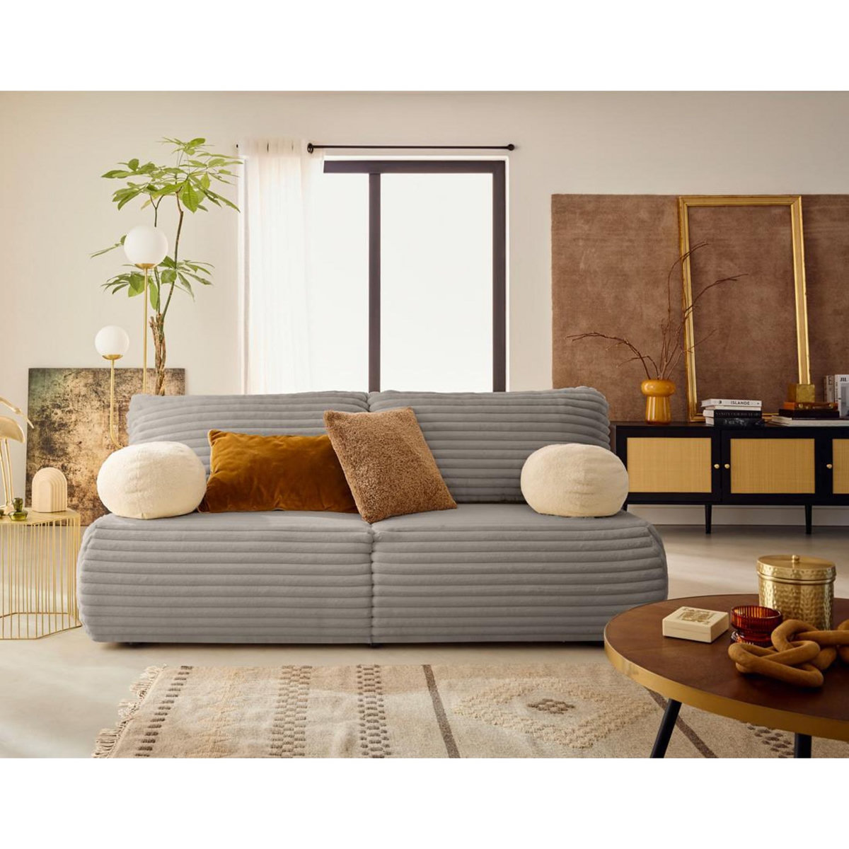 BEST MOBILIER Marvin - canapé 3 places convertible et coffre en fausse fourrure côtelée avec 2 coussins boule inclus