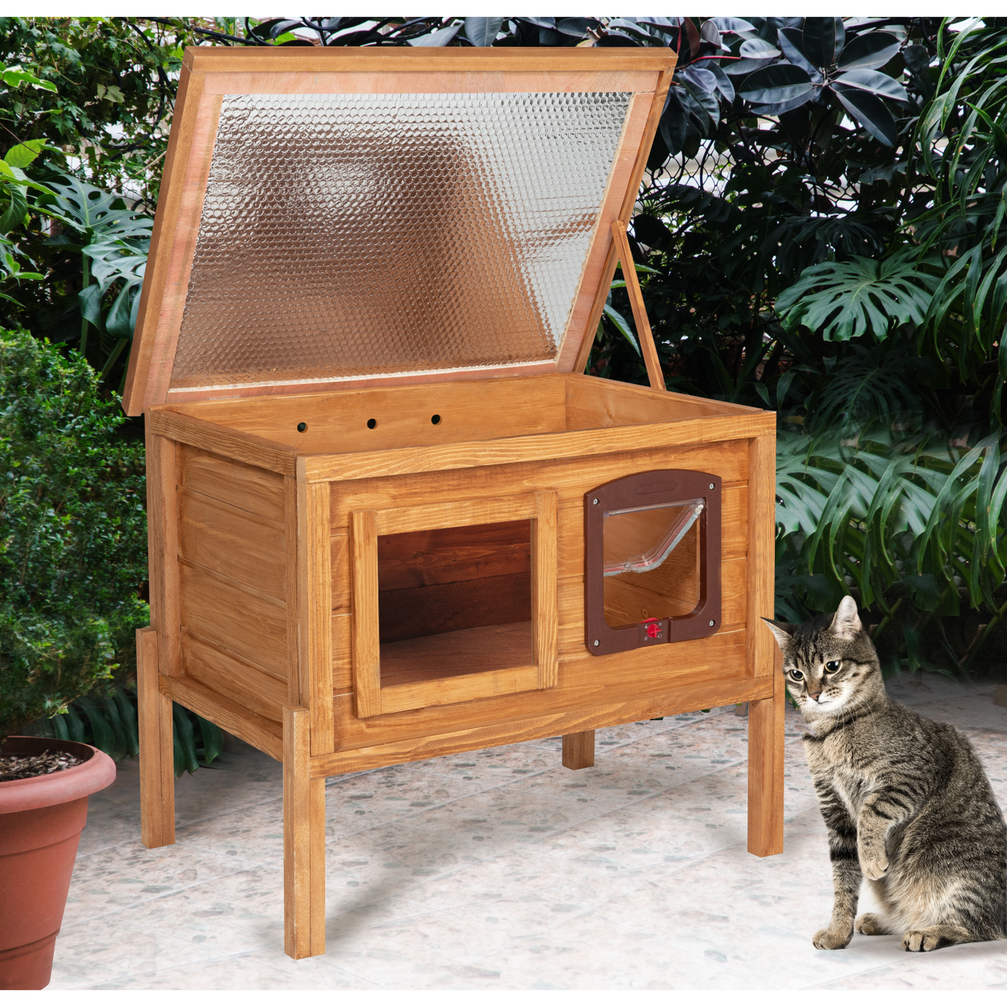 Voir la diapositive 2 : ID MARKET Niche autochauffante en bois pour chat avec porte et fenêtre