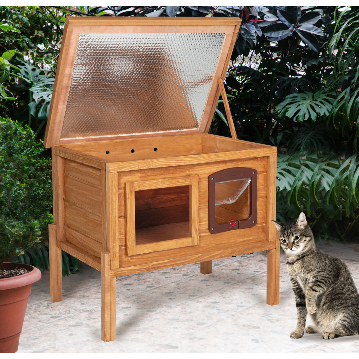 ID MARKET Niche autochauffante en bois pour chat avec porte et fenêtre