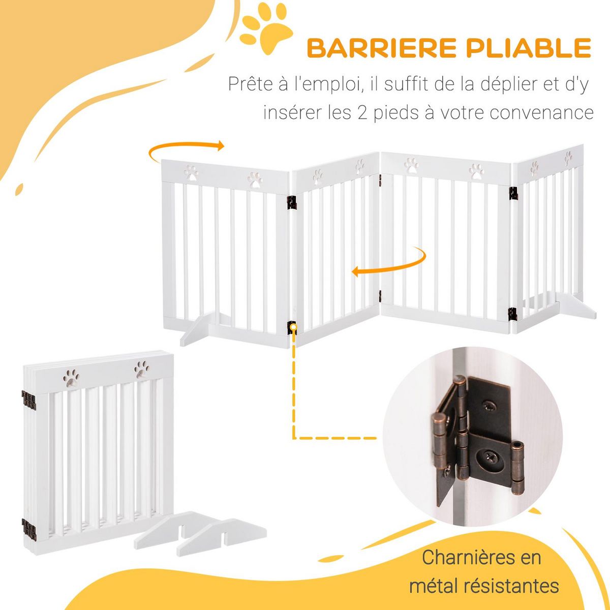 PAWHUT Barrière de sécurité pour animaux - barrière modulable pliable 4 panneaux - motif patte - 2 pieds support - bois de pin blanc