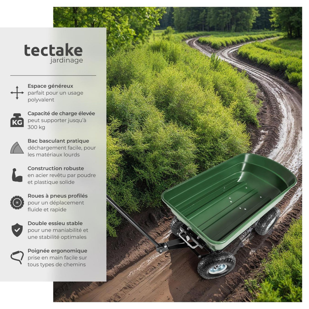 tectake Chariot de jardin et de transport inclinable vert