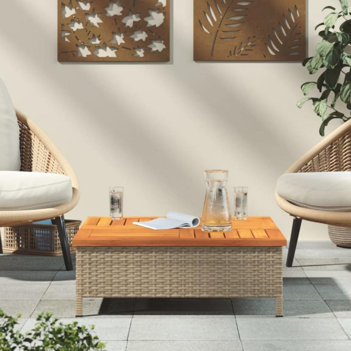 VIDAXL Table de jardin beige 70x70x25 cm résine tressée et bois acacia
