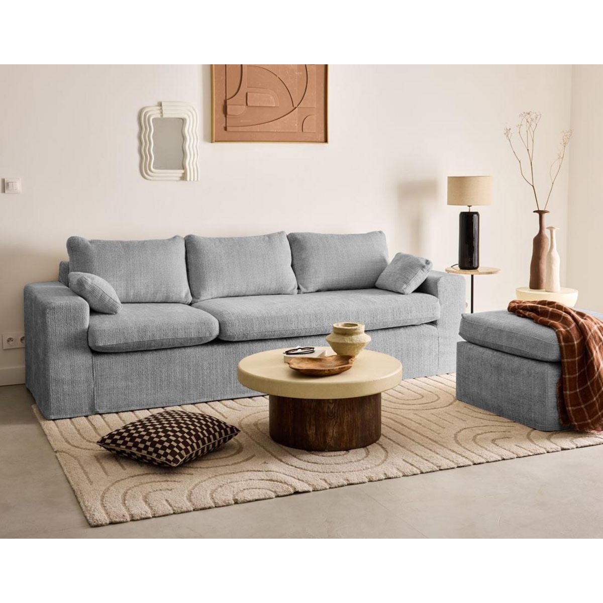 LISA DESIGN Calgary - canapé d'angle déhoussable et modulable 3 places + 1 pouf en velours texturé