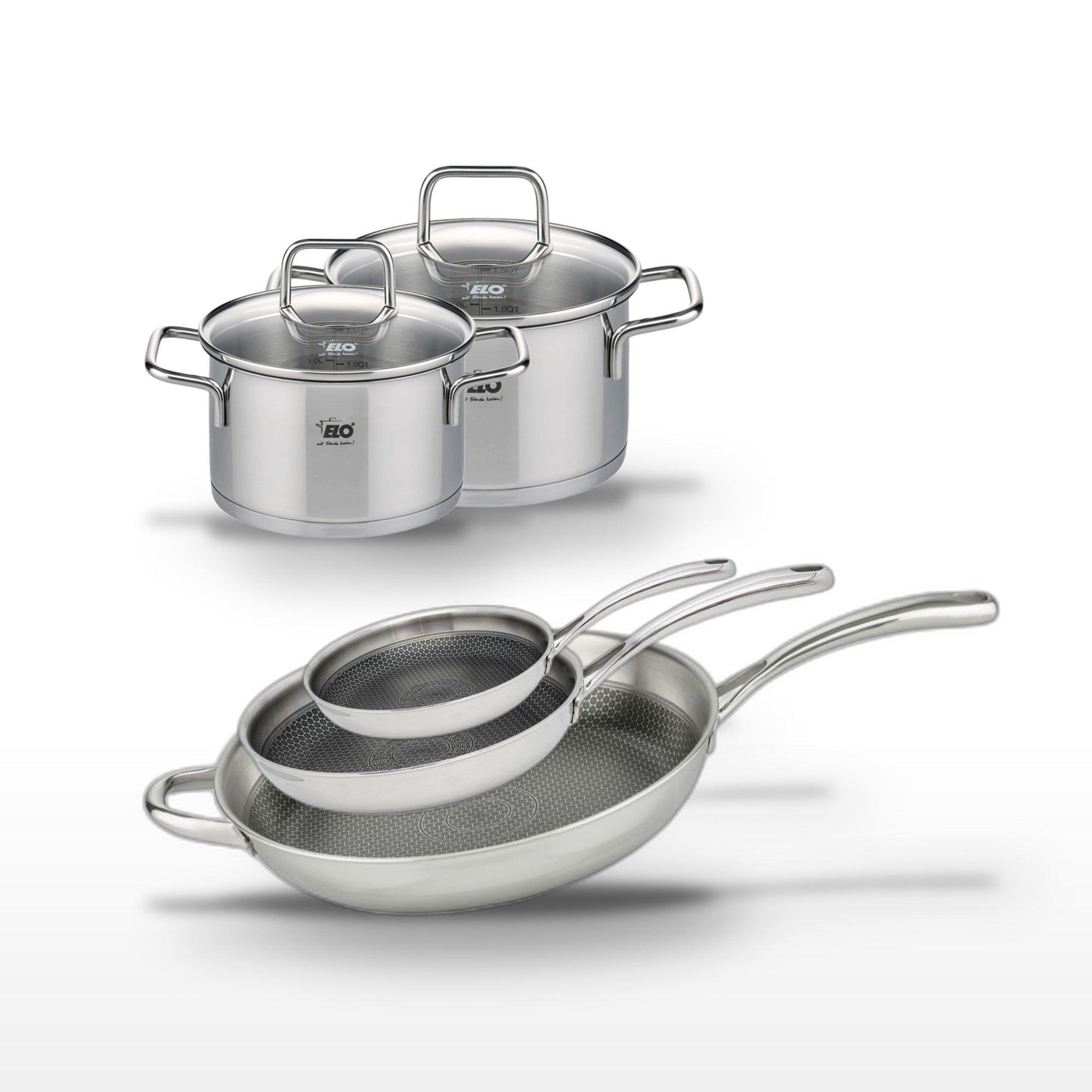 ELO Lot de 3 poêles 24/28/32cm et 2 faitouts 14/16cm elo relief evolution
