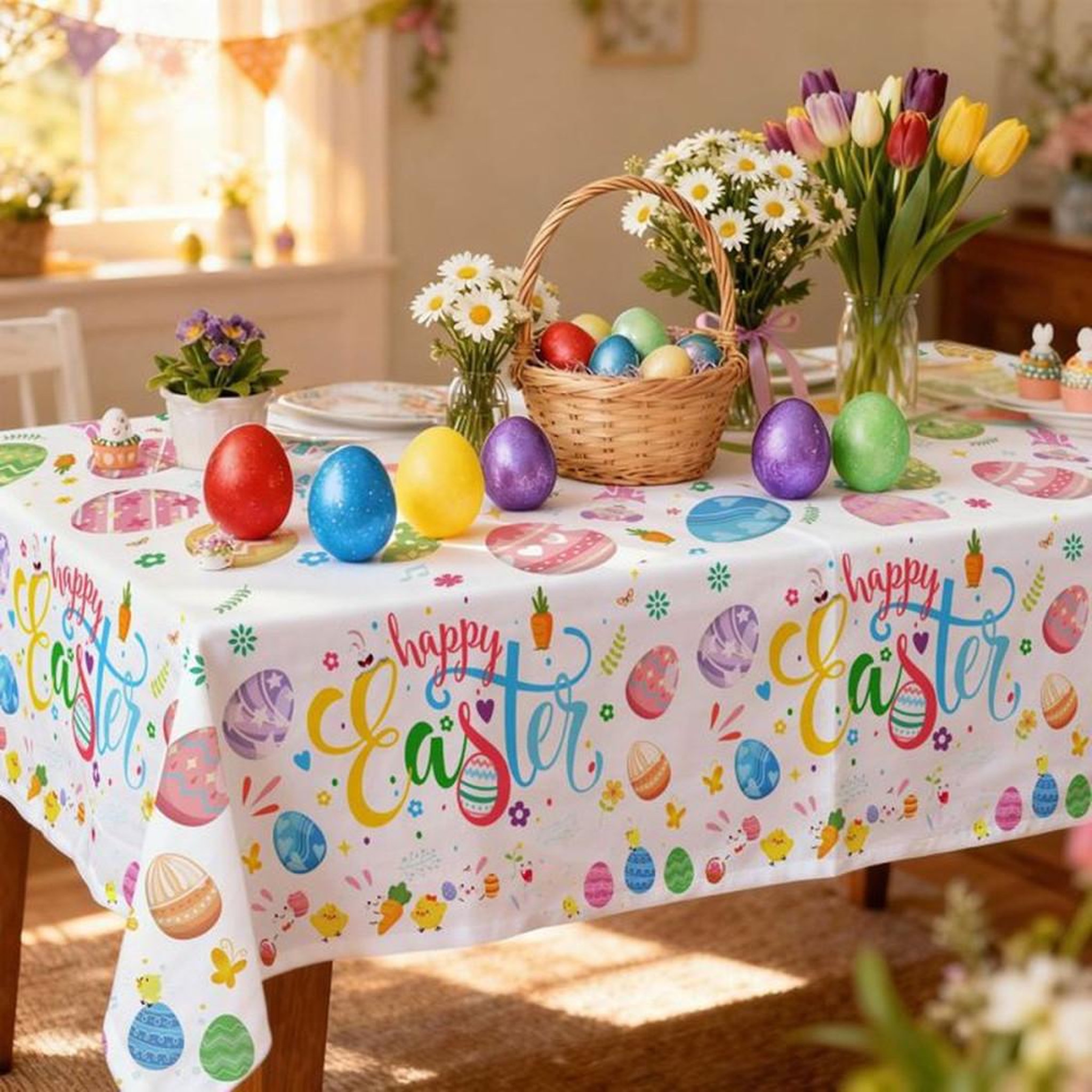 Voir la diapositive 5 : Set de nappes de Pâques 3 pièces multicolores motif lapins lavable et réutilisable