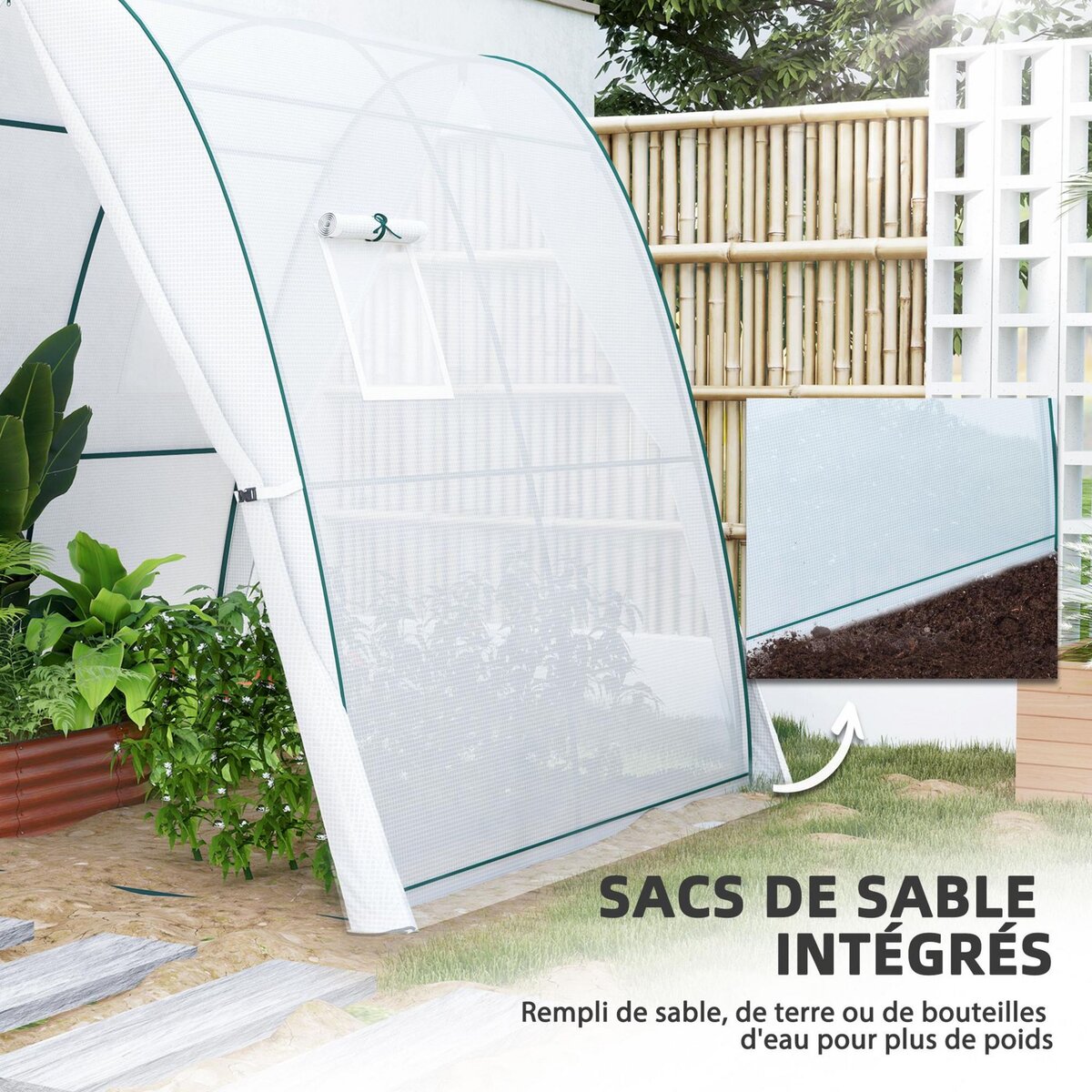 OUTSUNNY Serre tunnel de jardin 1,8 x 1,8 x 2 m - 2 portes enroulables zippées, 2 fenêtres - acier vert PE blanc