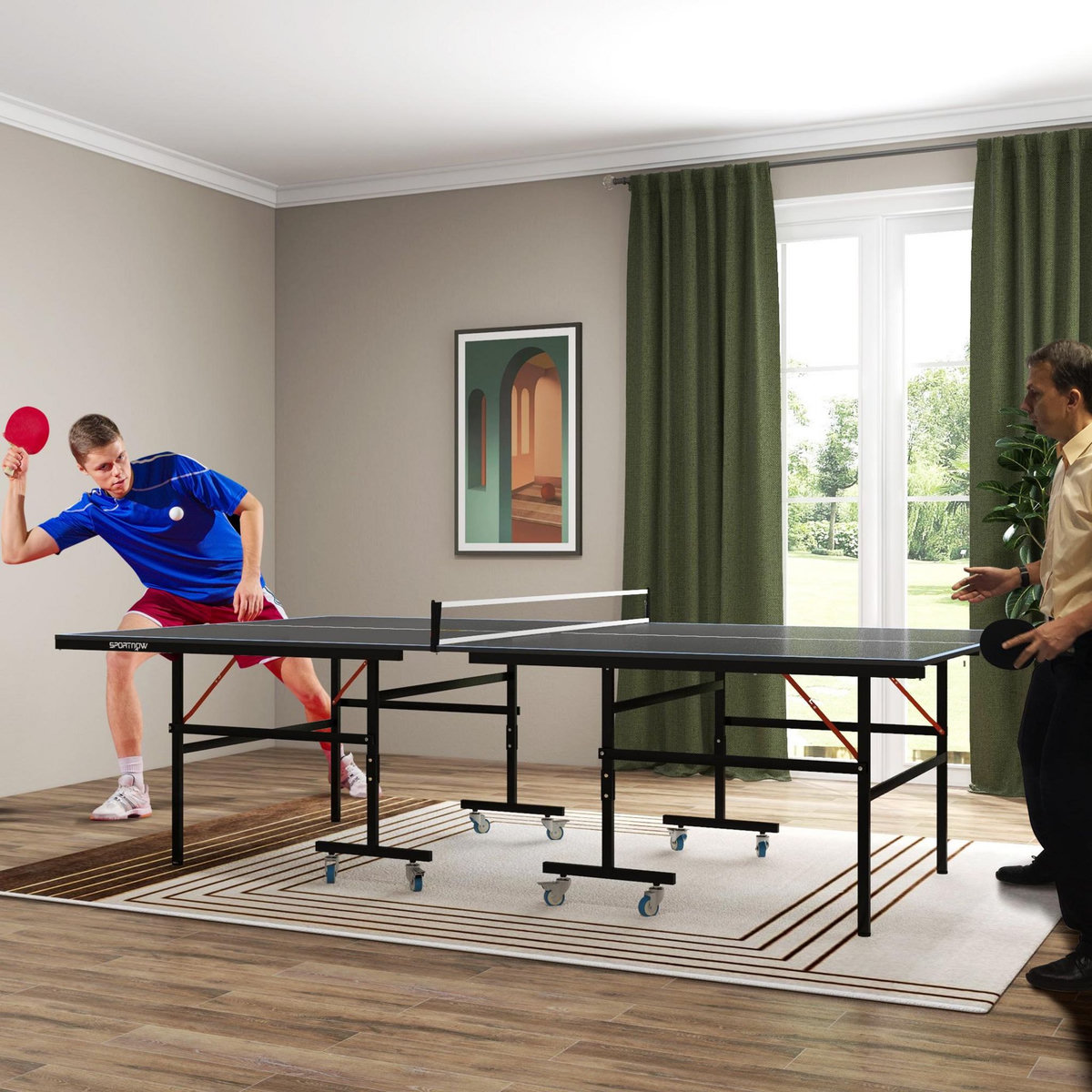 HOMCOM Table de ping pong tennis de table pliable 8 roues - filet, 2 raquettes, 3 balles inclus - noir gris