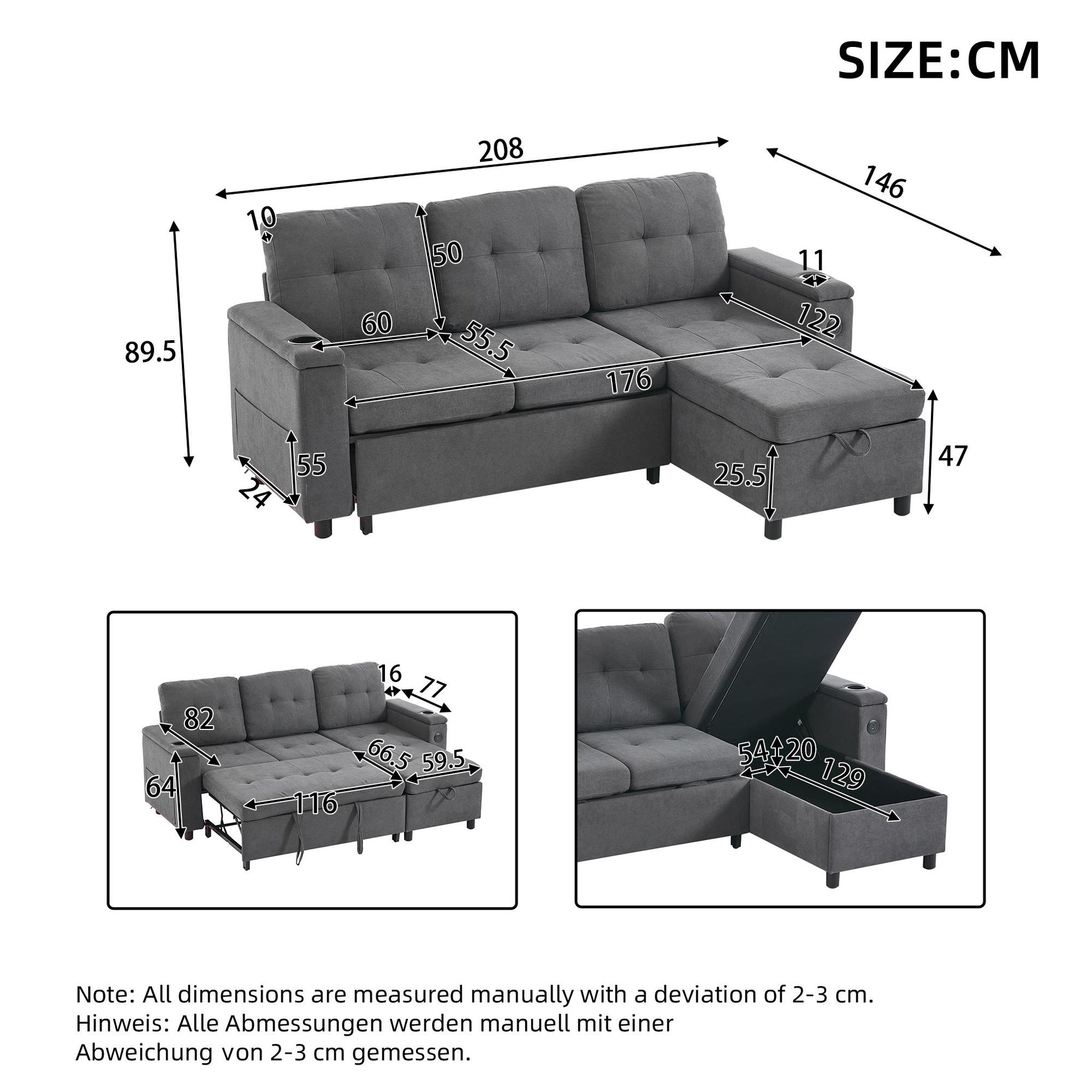 Voir la diapositive 3 : MERAX Canapé d'angle droit convertible 3 places tissu coffre de rangement