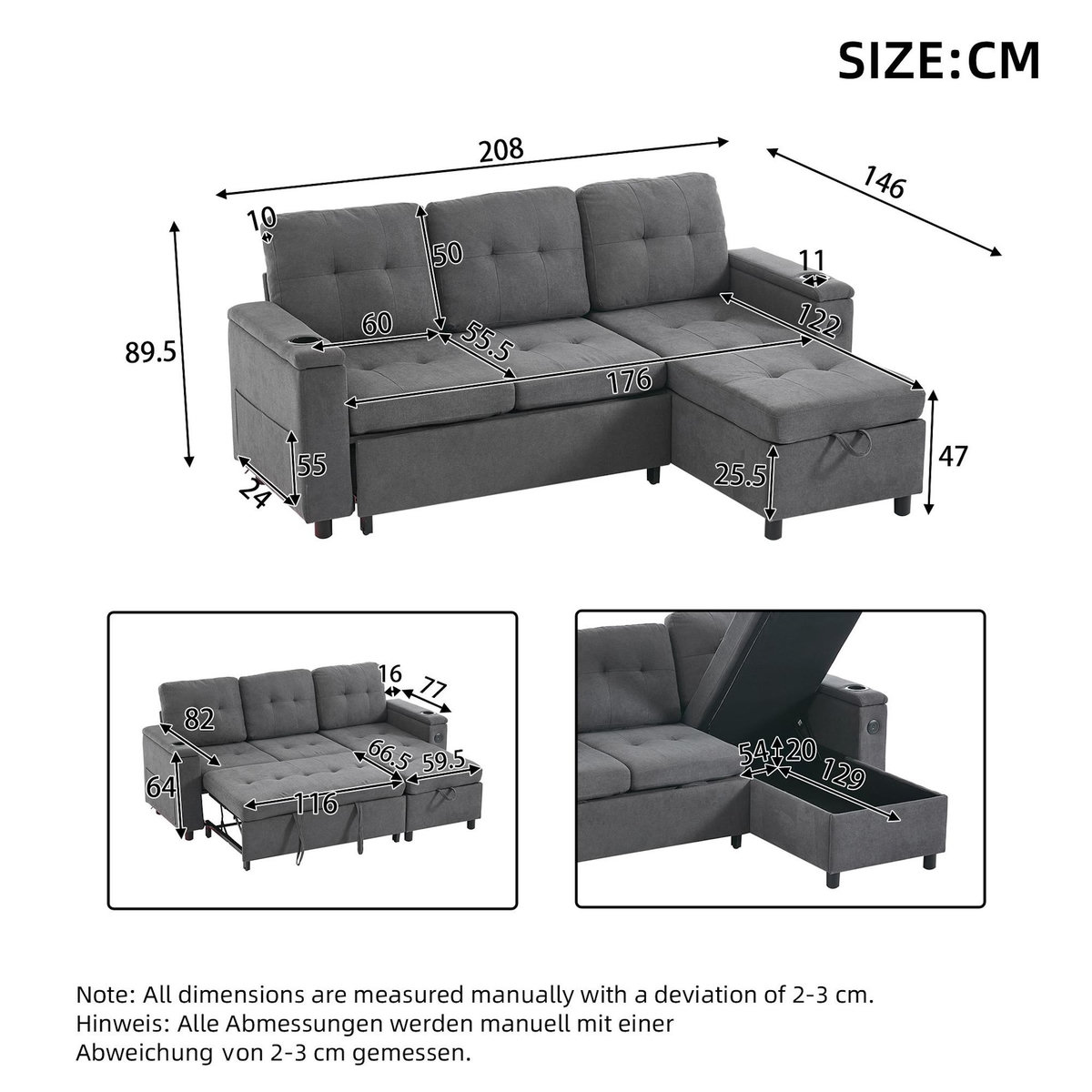 MERAX Canapé d'angle droit convertible 3 places tissu coffre de rangement