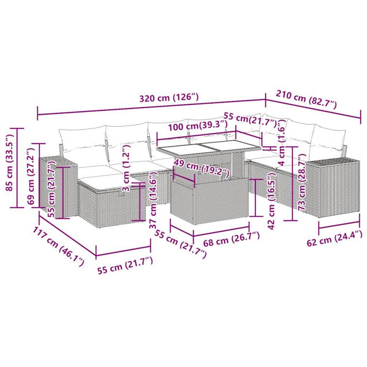 VIDAXL Salon de jardin avec coussins 9 pcs beige resine tressee