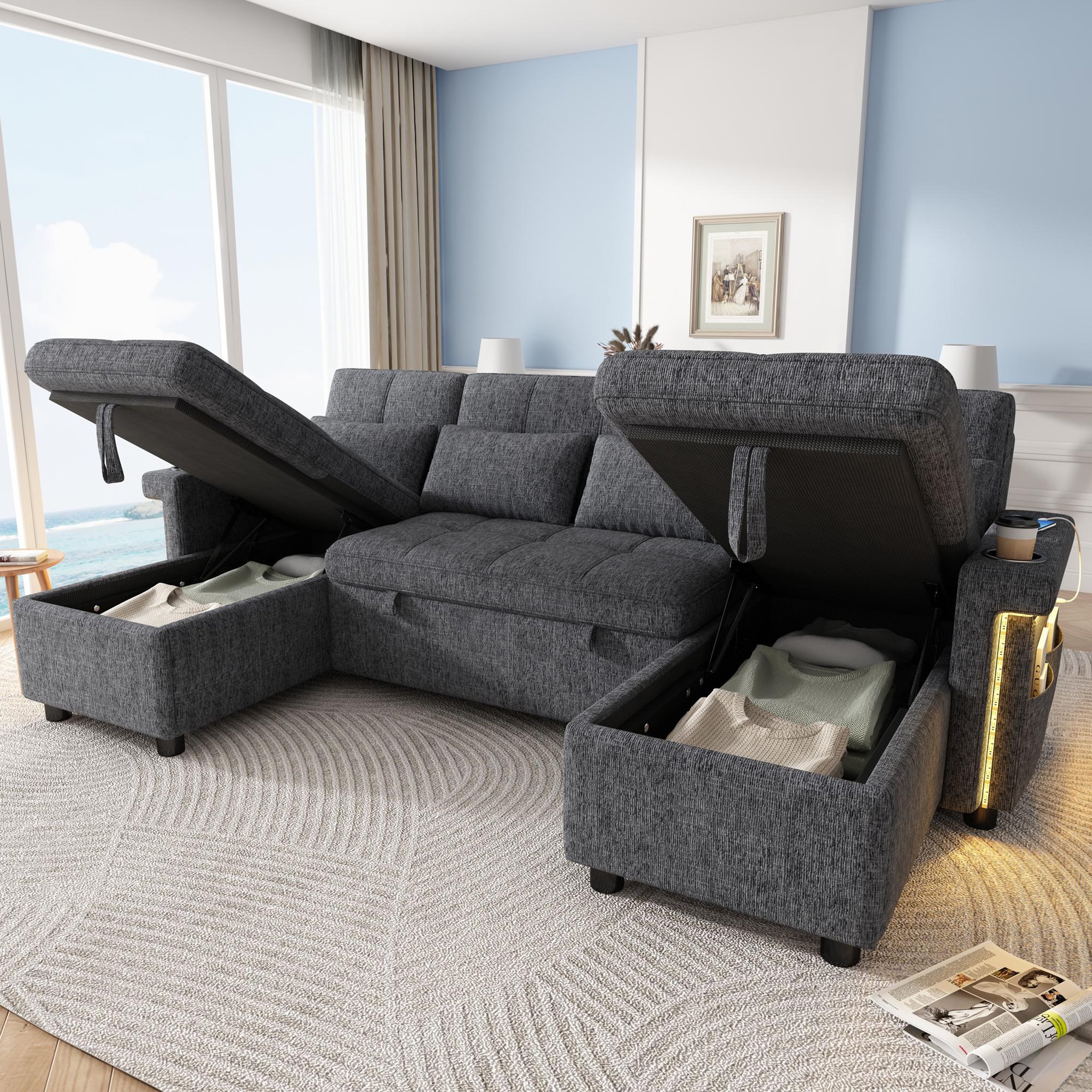 Voir la diapositive 4 : MERAX Canapé d'angle u convertible 4 places avec dossier réglable led usb type-c tissu chenille
