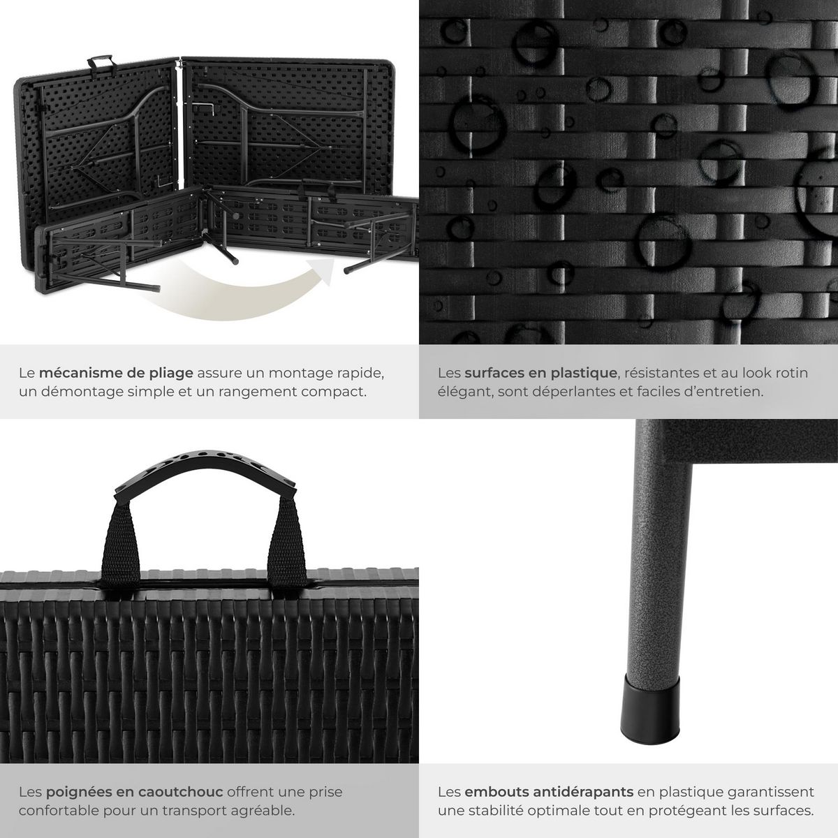 tectake Ensemble de table de camping pliable noir-aspect rotin