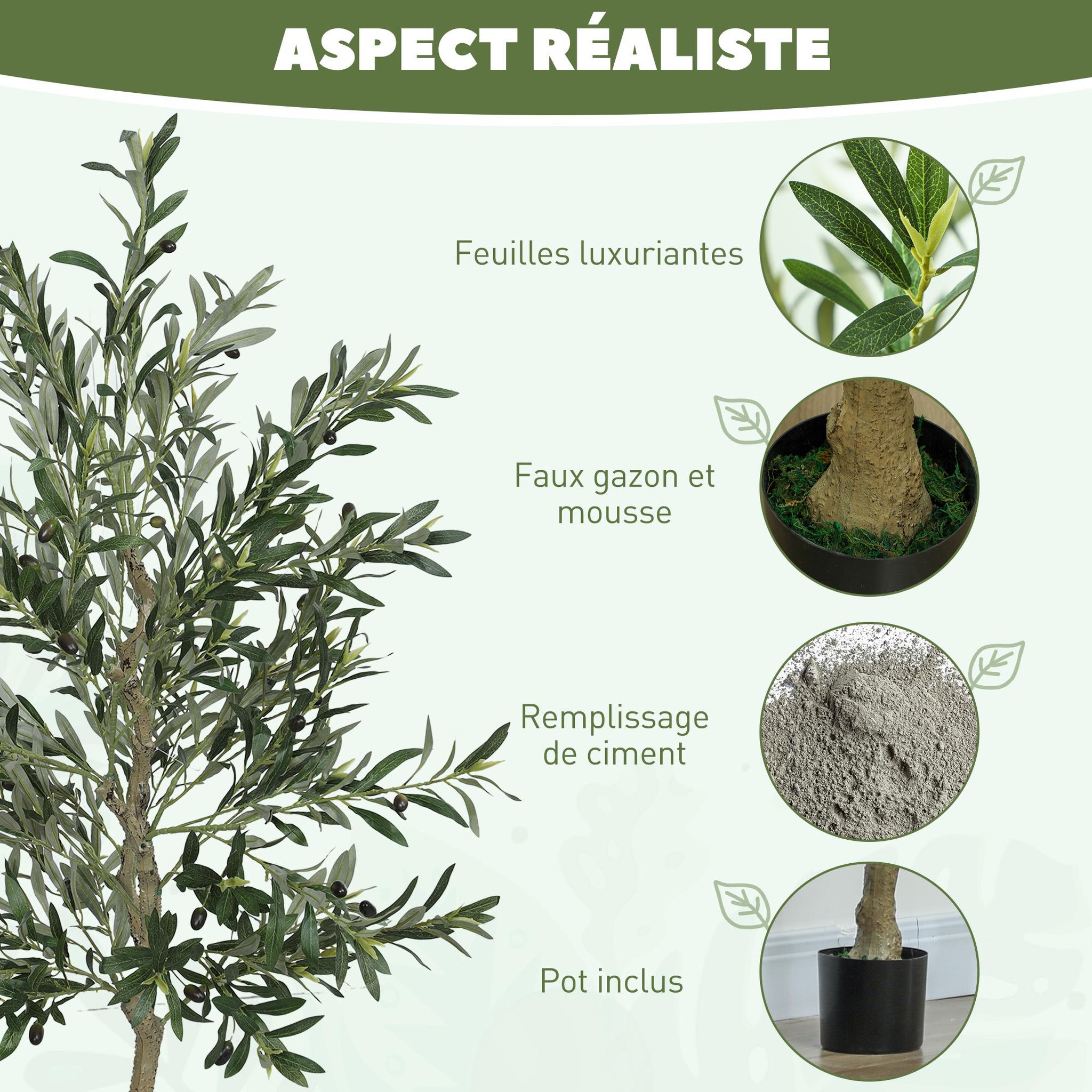 Voir la diapositive 4 : HOMCOM Olivier artificiel H.180 cm - grand réalisme - 900 feuilles en soie, 40 olives - mousse effet lichen pot inclus