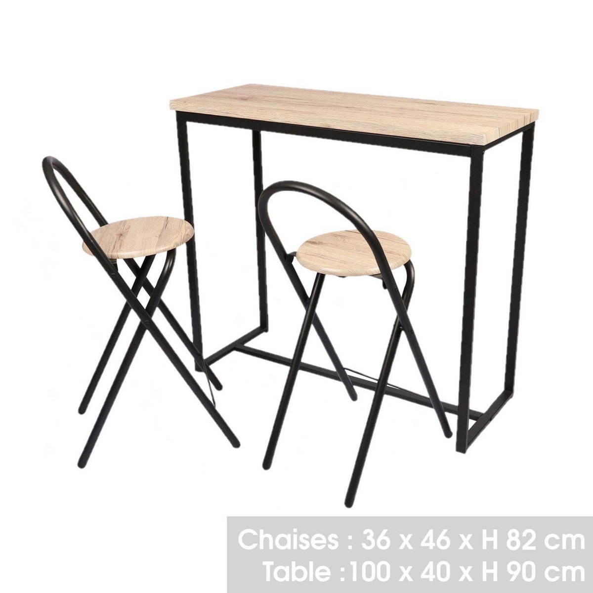 TOILINUX Table murale et ses 2 tabourets Dock en MDF et Métal - H.90 cm x L.100 cm - Beige et Noir