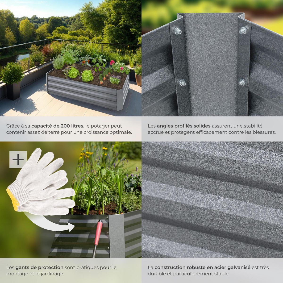 tectake Carré potager 200 L en acier galvanisé gris