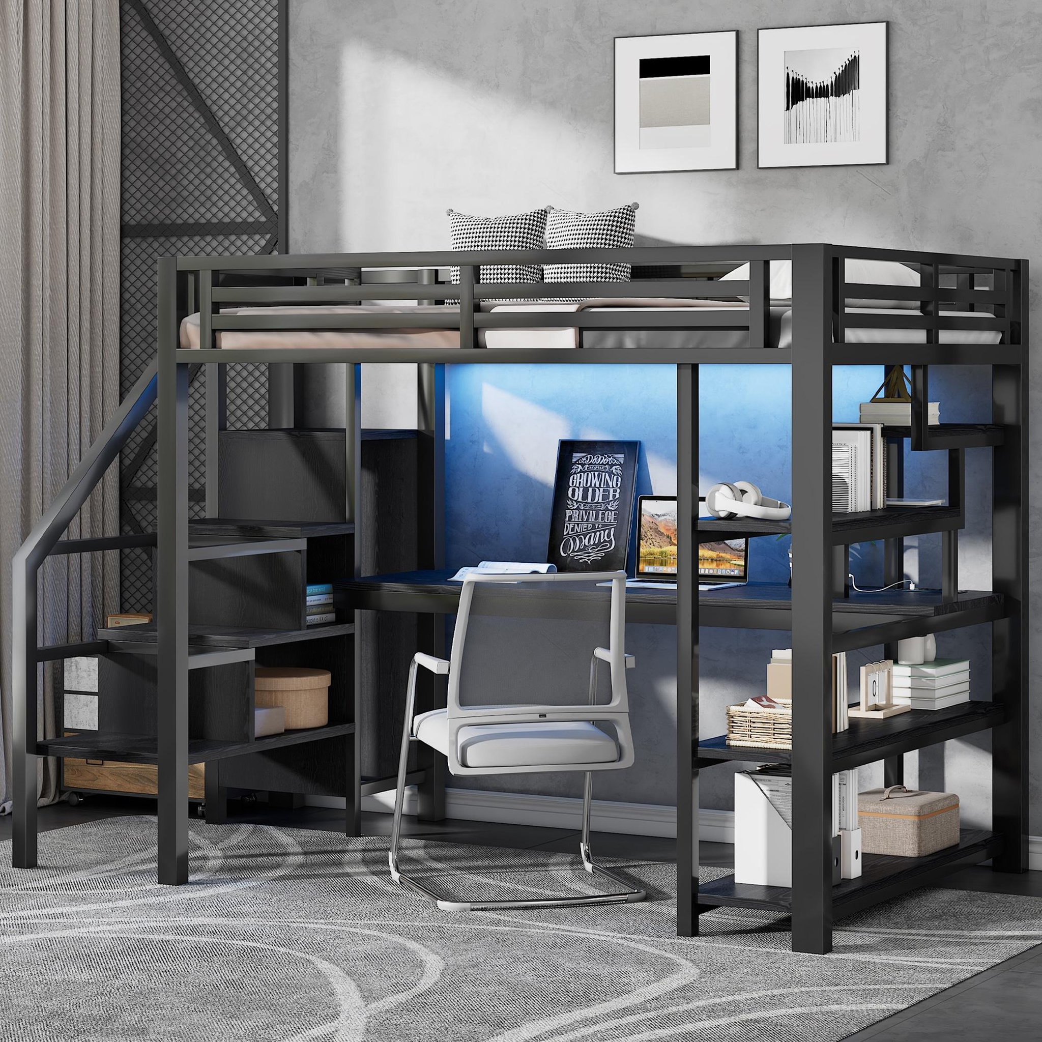 Voir la diapositive 4 : MERAX Lit mezzanine 140x200 cm coloris noir led métal