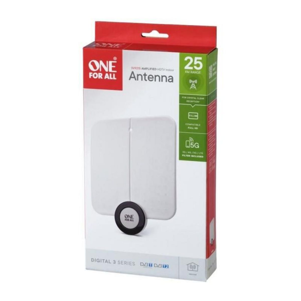 One For All Antenne TV Intérieure ONE FOR ALL SV9215 Design Line amplifiée, ultra plate, placement possible derriere la TV, filtre 5G anti