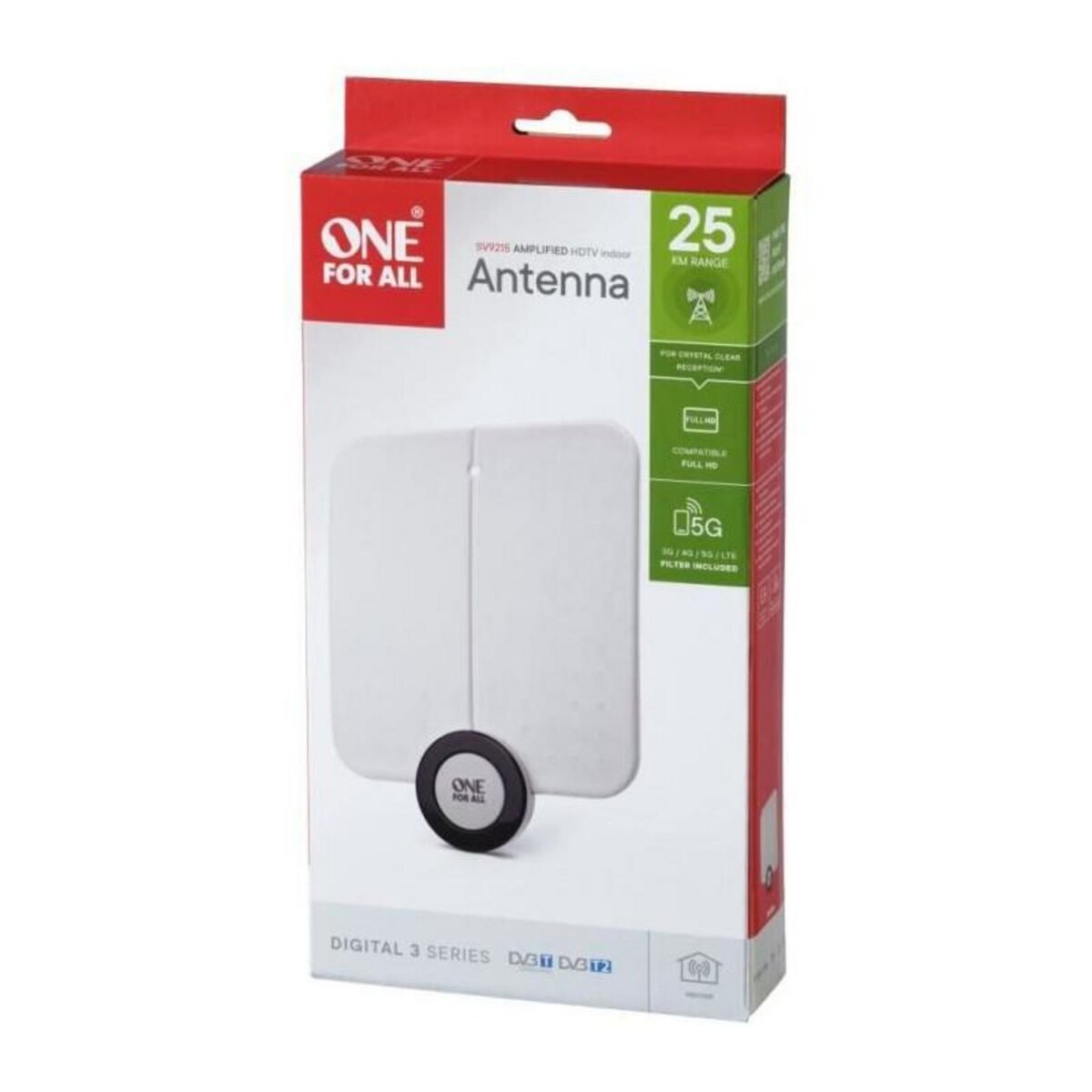 One For All Antenne TV Intérieure ONE FOR ALL SV9215 Design Line amplifiée, ultra plate, placement possible derriere la TV, filtre 5G anti
