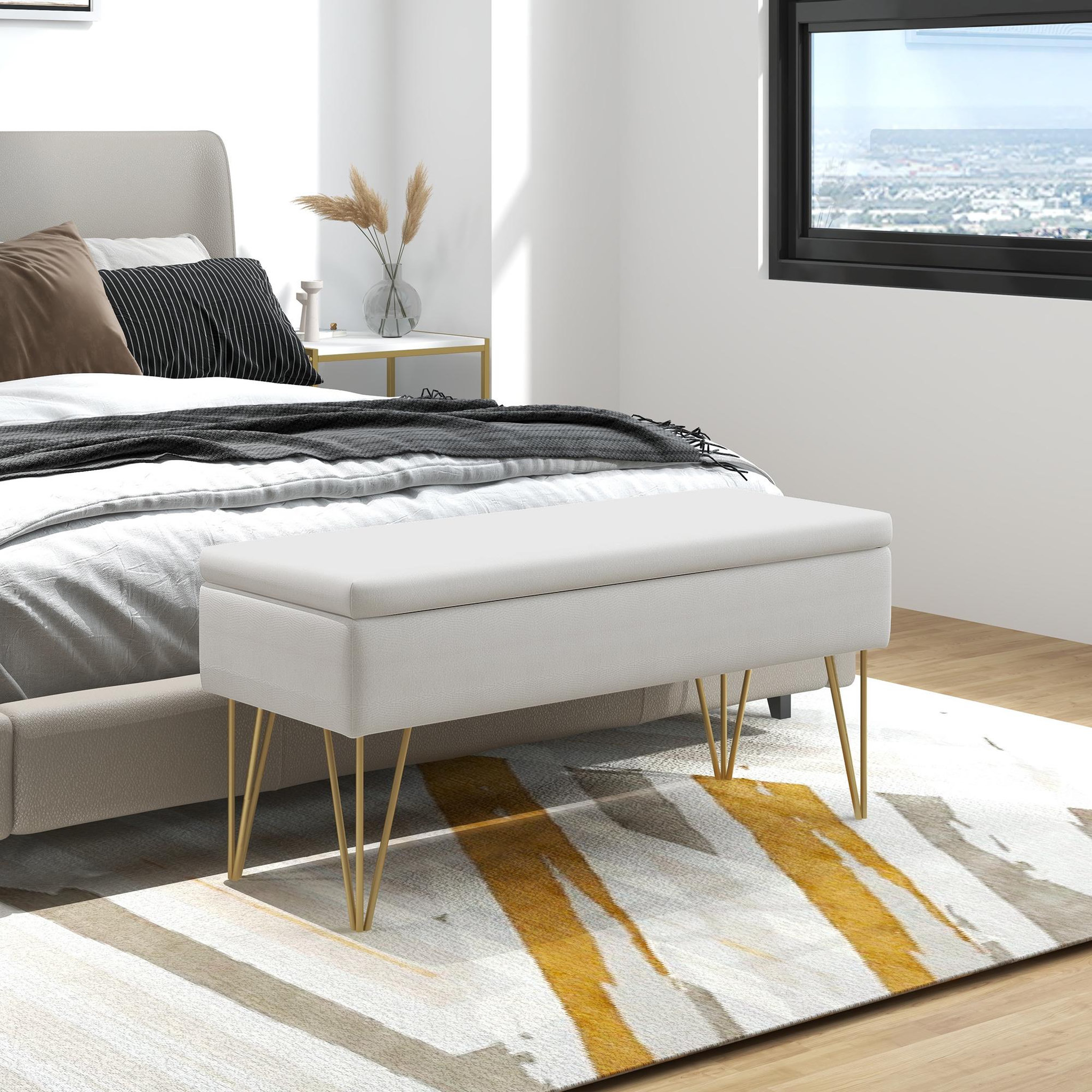 Voir la diapositive 2 : HOMCOM Banquette coffre de rangement 2 en 1 design art déco - piètement épingle acier doré tissu crème