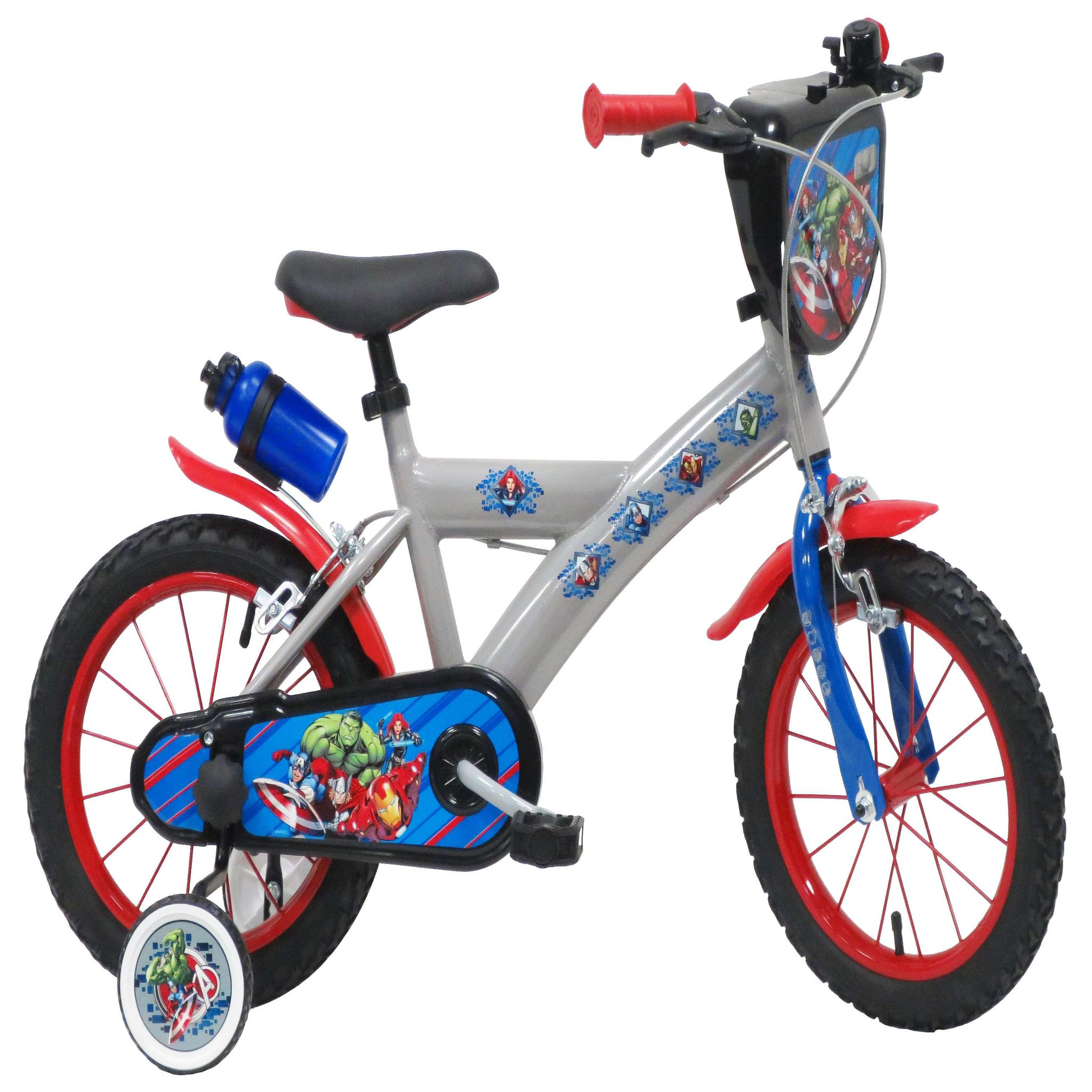 Voir la diapositive 1 : Marvel Vélo enfant - Modèle 14'' Avengers pour enfant de 95/110 cm avec stabilisateurs à molettes - Plaque décorative avant - Porte bidon - 2 freins et pneus gonflables