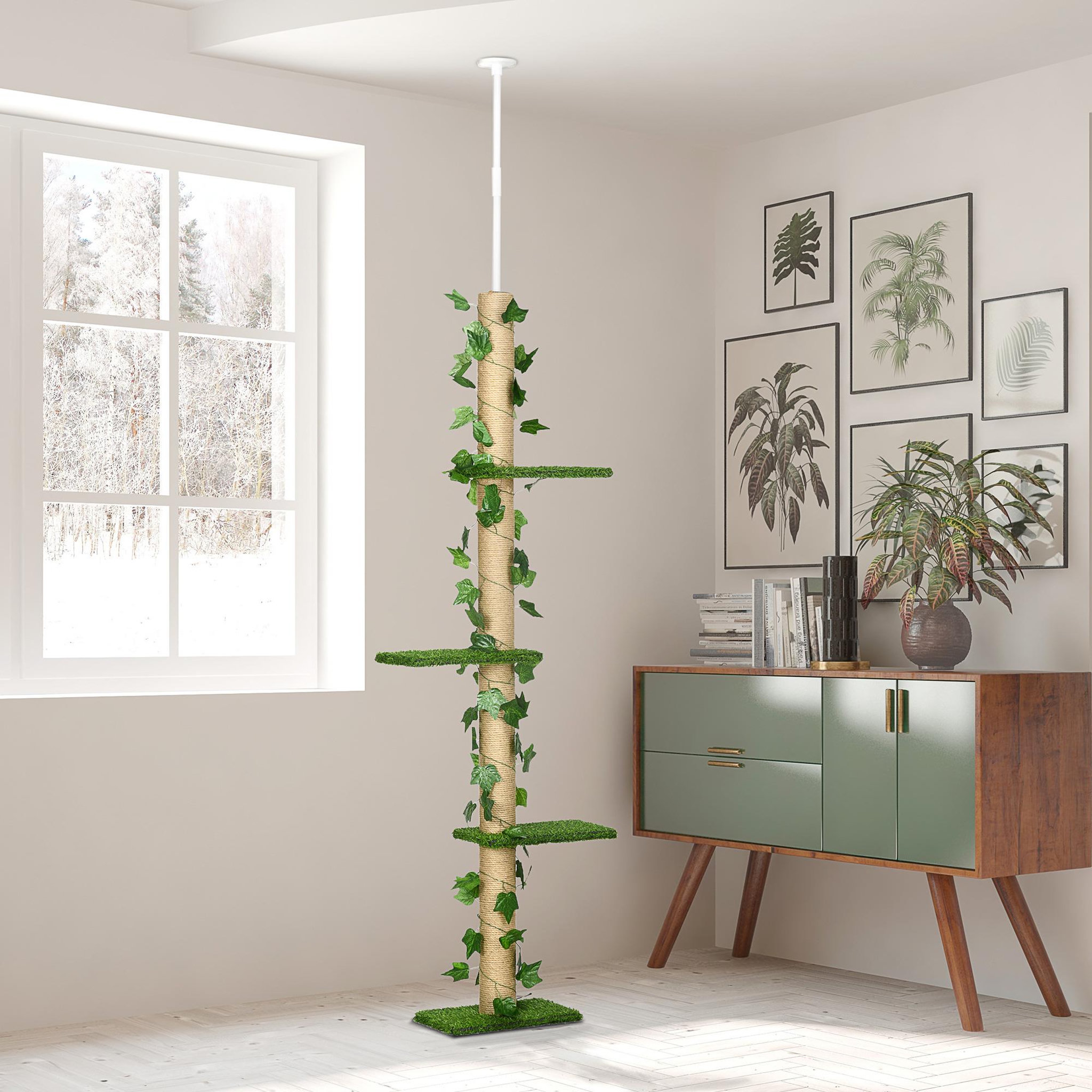 Voir la diapositive 2 : PAWHUT Arbre à chat poteau à griffer design hauteur réglable dim. 37l x 21l x 202- 242h cm 4 niveaux beige vert