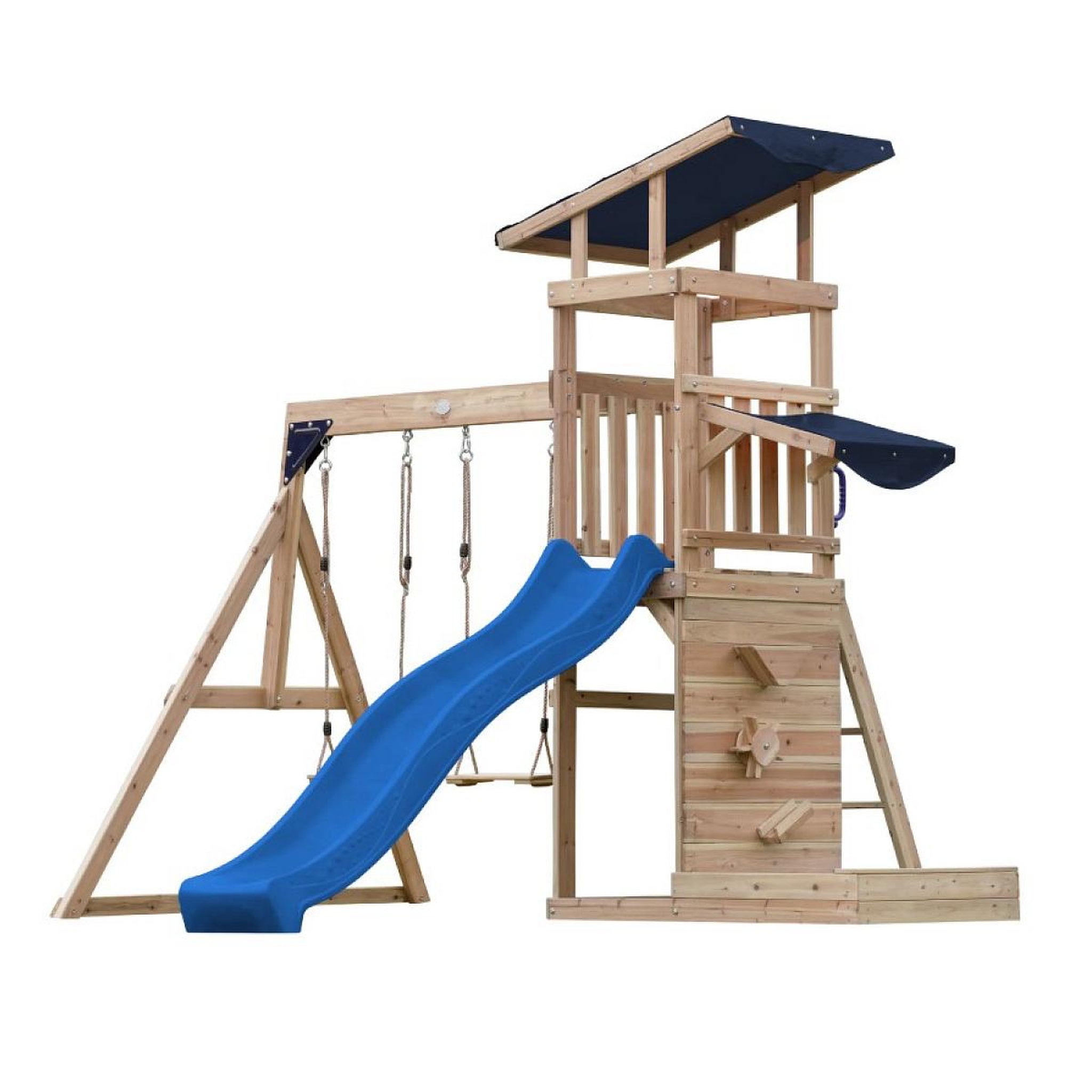 Voir la diapositive 2 : Axi House Portique Malik 2 balançoires + mur toboggan bleu