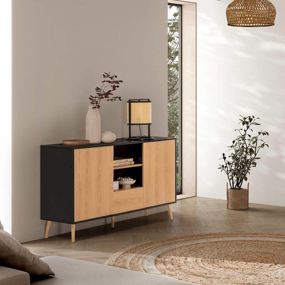 VS VENTA-STOCK Buffet Apolo 2 portes 1 tiroir, couleur noir/bois