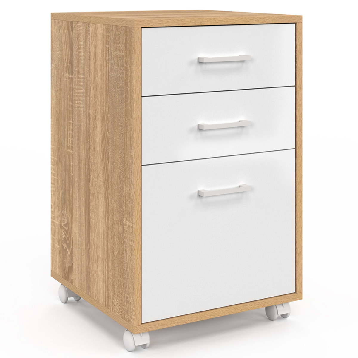 ID MARKET Caisson de bureau JON support imprimante 3 tiroirs blanc et bois