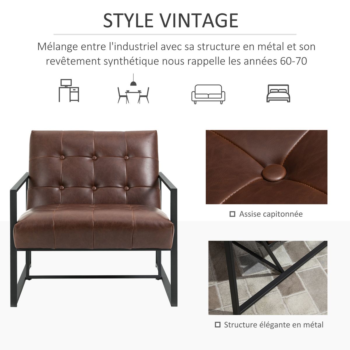 HOMCOM Fauteuil lounge Chesterfield assise dossier capitonnés structure métal noir revêtement synthétique chocolat